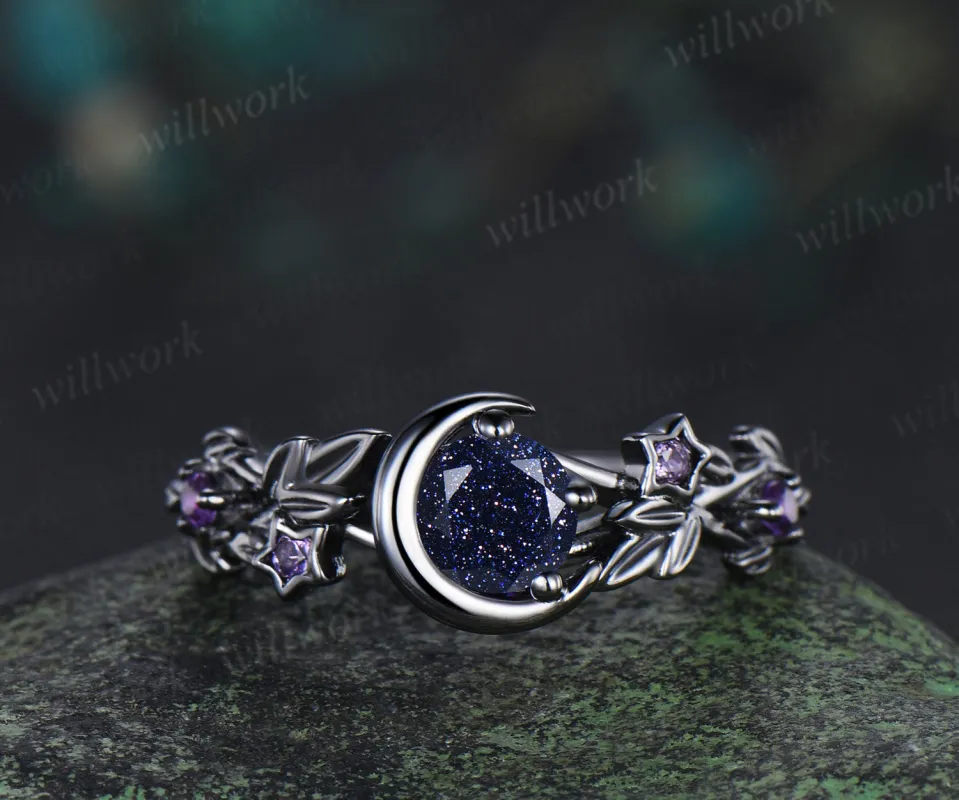 Nature Inspired Black Gold Round Blue Sandstone Engagement Ring Moon Star Leaf Vine Promise Ring sold by Willwork Jewelry