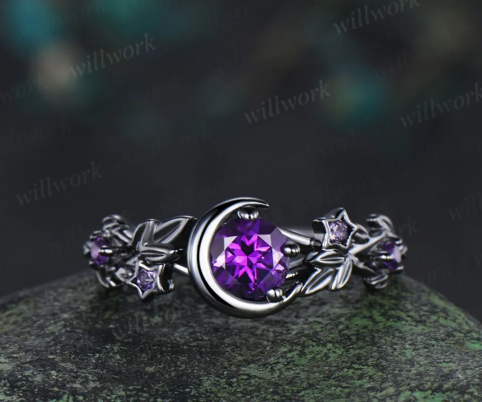 Nature Inspired Round Amethyst Engagement Ring Black Gold Moon Star Leaf Vine Promise Ring sold by Willwork Jewelry