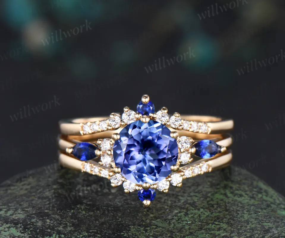 Round cut natural tanzanite engagement ring set yellow gold sapphire diamond wedding ring set jewelry sold by Willwork Jewelry