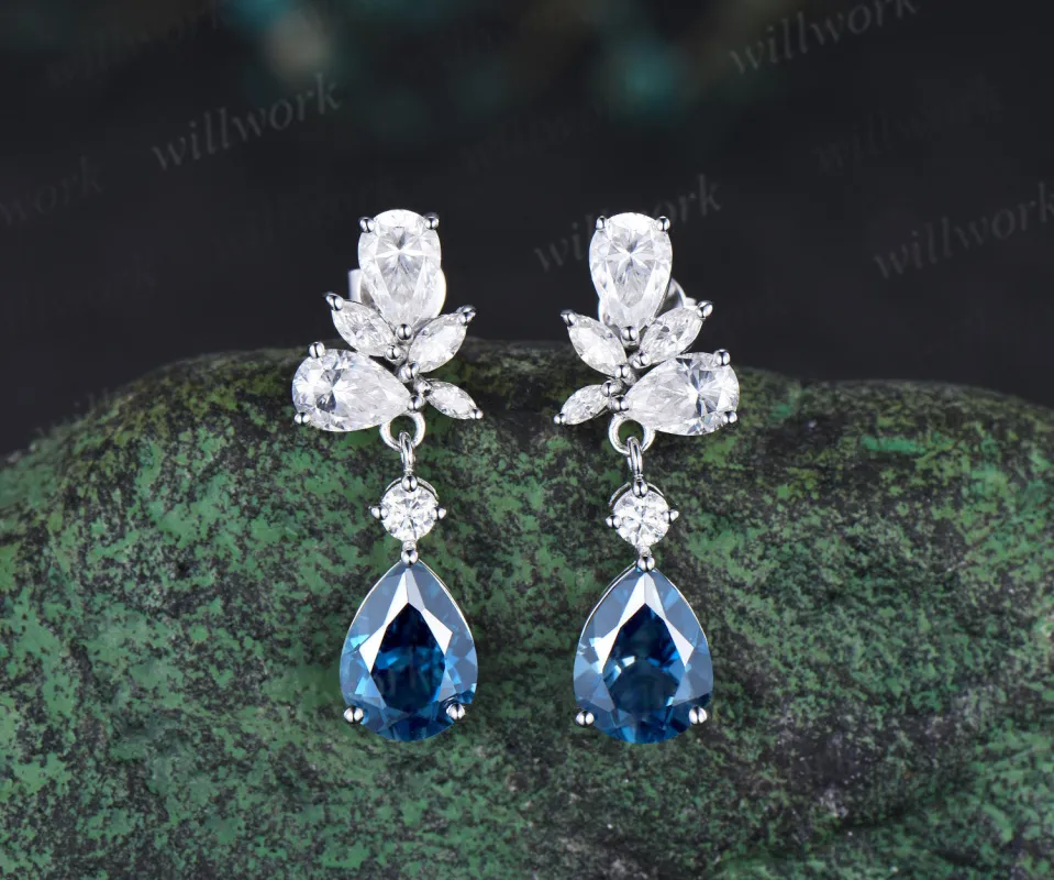 Pear cut London blue topaz earrings solid 14k white gold cluster moissanite opal drop earrings women anniversary gift for her sold by Willwork Jewelry