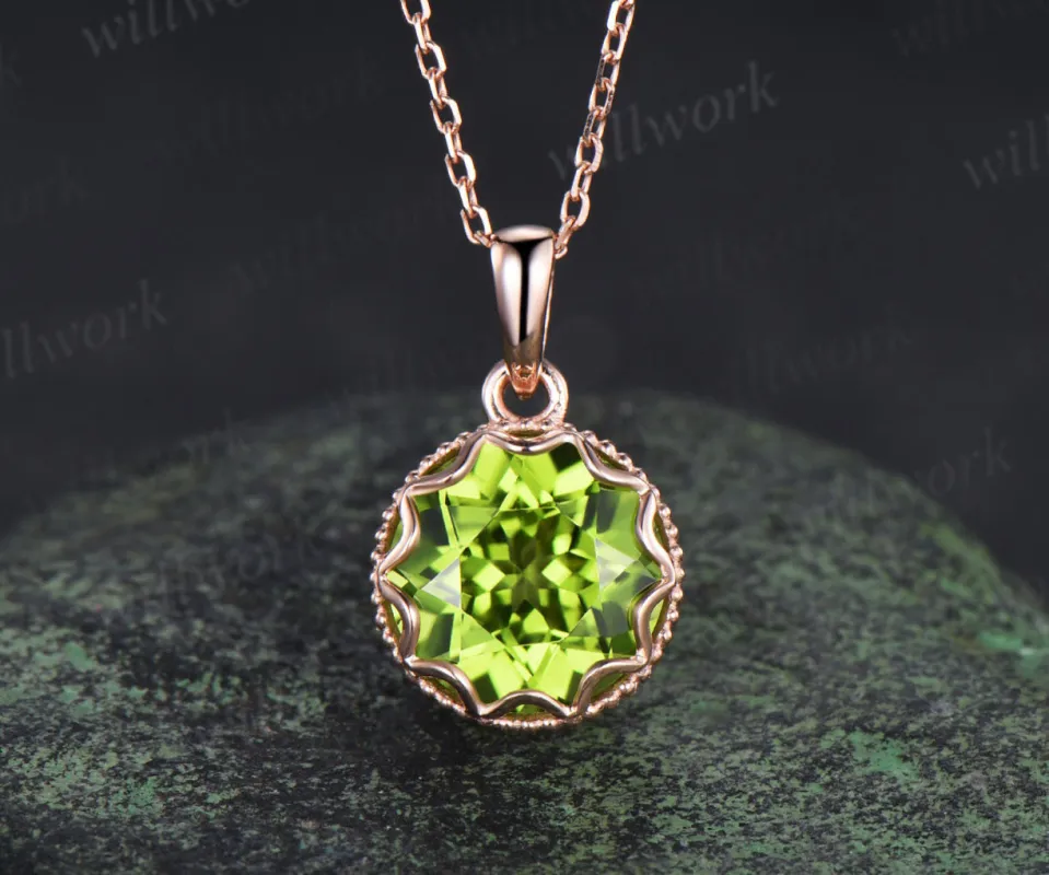 3ct Round Cut Peridot Necklace Milgrain Lace Pendant Art Deco 14k Rose Gold Solitaire August Birthstone Necklace Jewelry sold by Willwork Jewelry