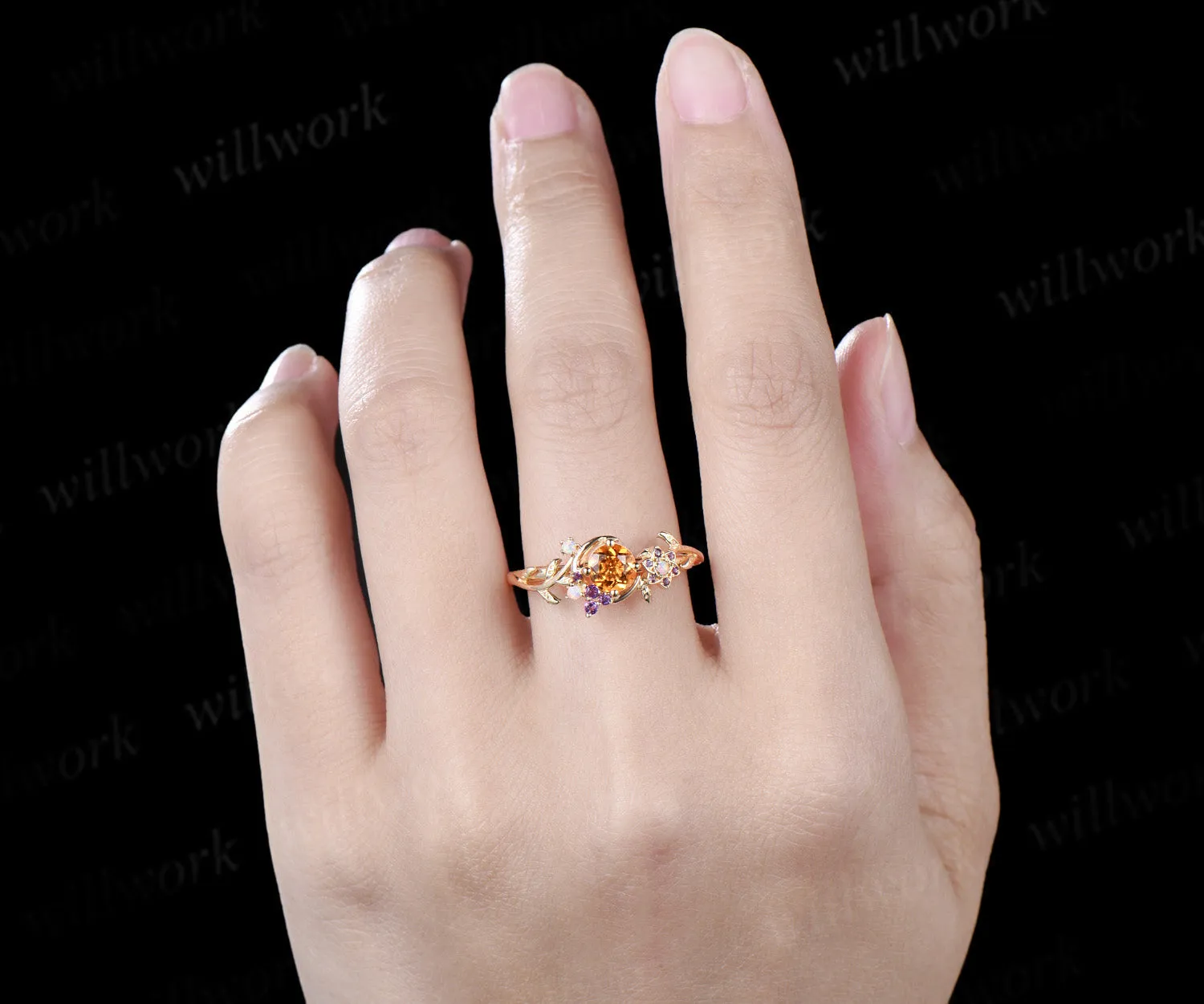 5mm Round Cut Natural Yellow Citrine Moon Engagement Ring 14K Yellow Gold Vine Leaf Genuine Crystal Amethyst Opal November Birthstone Gifts sold by Willwork Jewelry product image thumbnail 3
