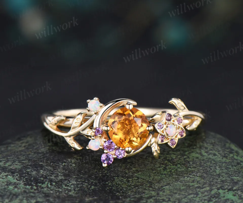 5mm Round Cut Natural Yellow Citrine Moon Engagement Ring 14K Yellow Gold Vine Leaf Genuine Crystal Amethyst Opal November Birthstone Gifts sold by Willwork Jewelry