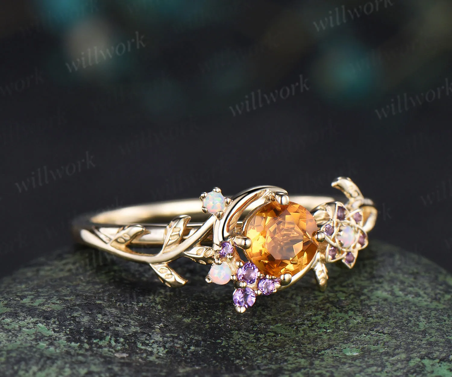 5mm Round Cut Natural Yellow Citrine Moon Engagement Ring 14K Yellow Gold Vine Leaf Genuine Crystal Amethyst Opal November Birthstone Gifts sold by Willwork Jewelry product image thumbnail 2