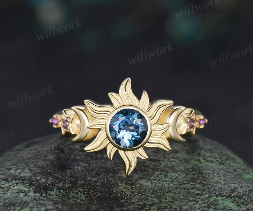 Bezel round cut London blue topaz engagement ring yellow gold moon star five stone amethyst wedding ring women sold by Willwork Jewelry