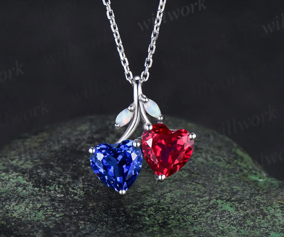 Double heart shaped sapphire ruby Necklace 14k white gold four stone Pendant Birthstone Gift sold by Willwork Jewelry