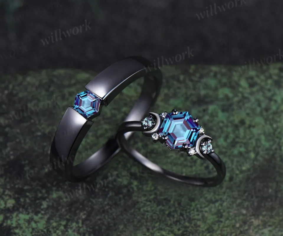Hexagon Cut Alexandrite Art Deco Moon Engagement Ring & Matching Alexandrite Solitaire Wedding Ring Black Gold Unique Couple Ring Set sold by Willwork Jewelry
