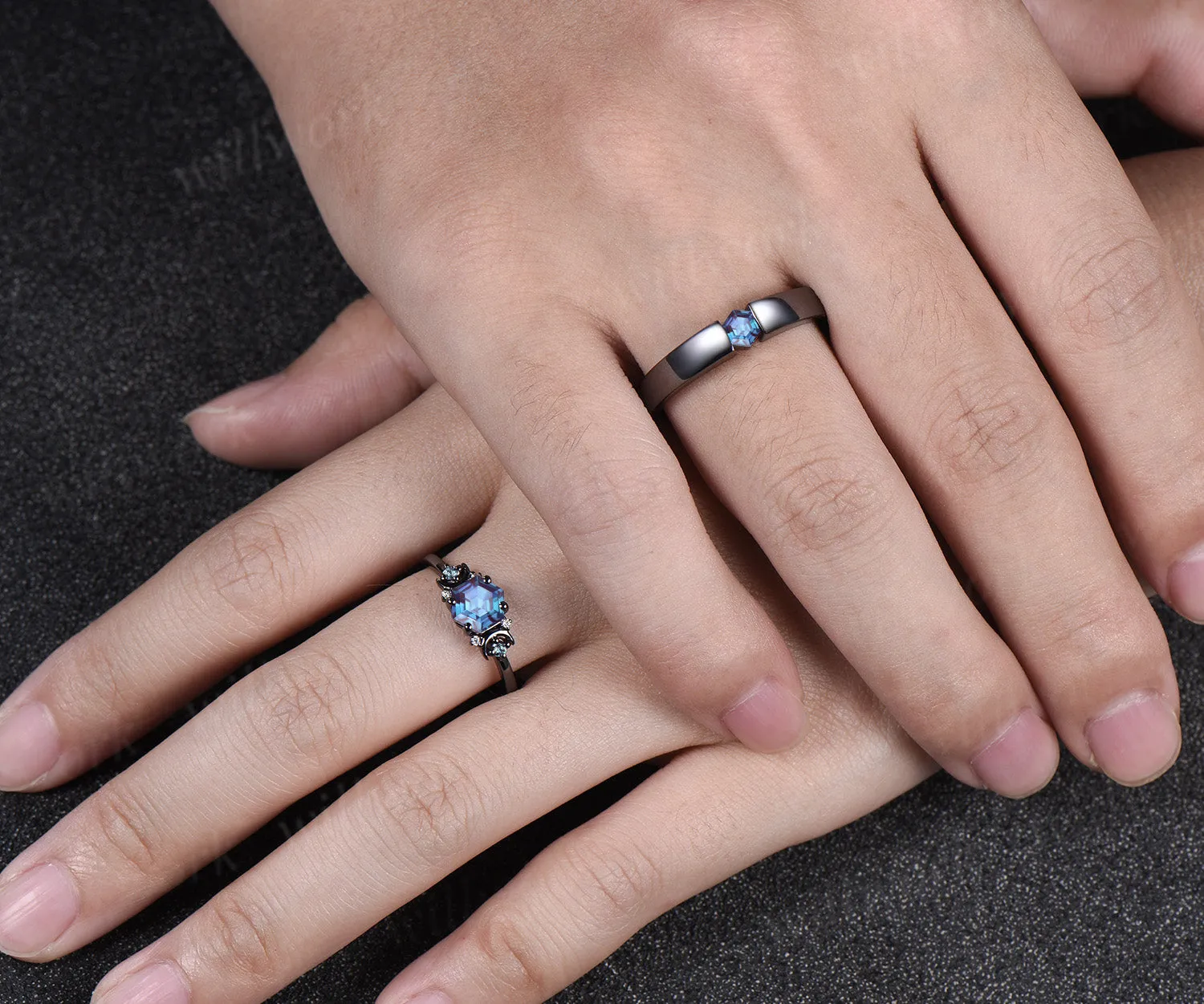 Hexagon Cut Alexandrite Art Deco Moon Engagement Ring & Matching Alexandrite Solitaire Wedding Ring Black Gold Unique Couple Ring Set sold by Willwork Jewelry product image thumbnail 2