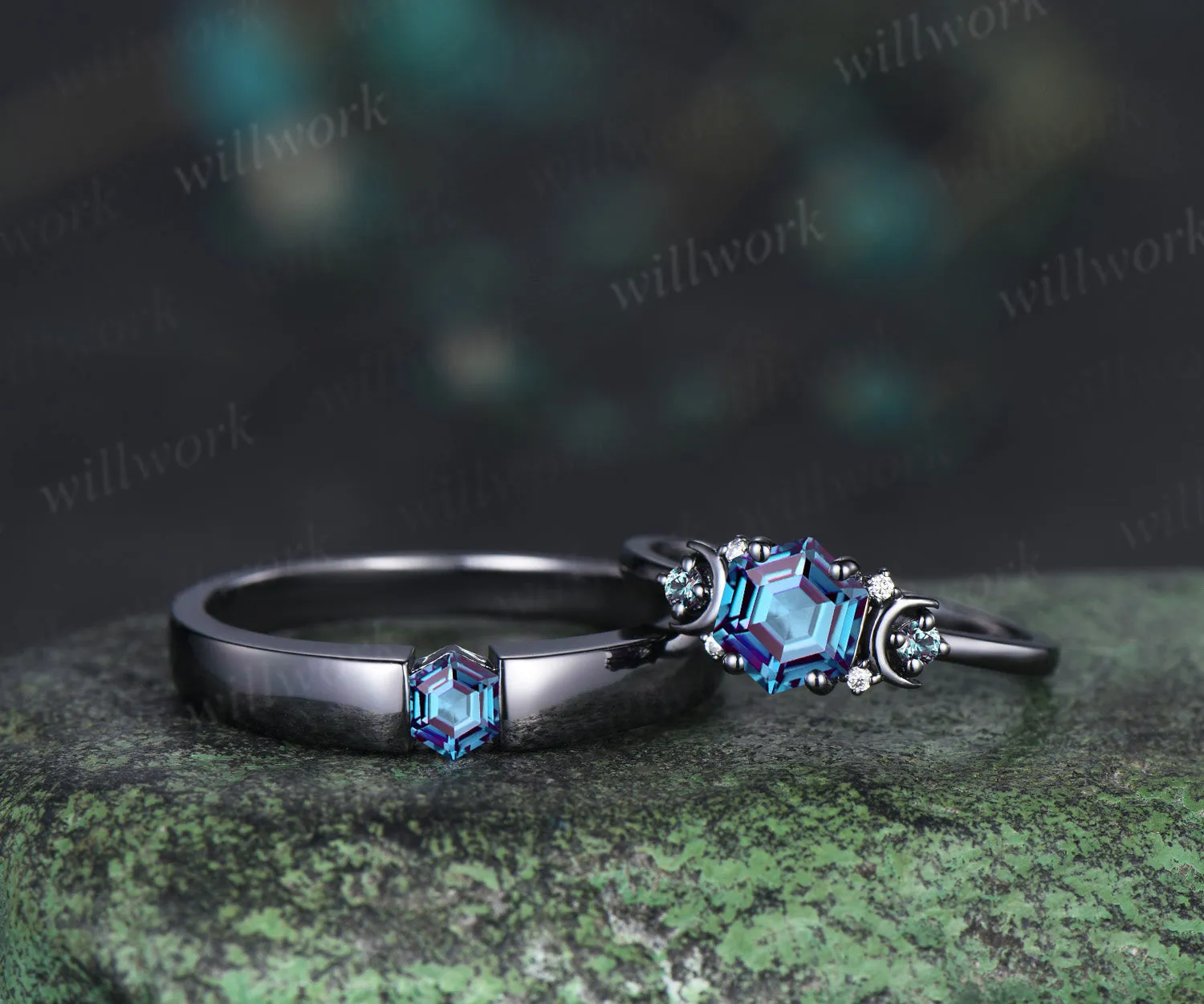 Hexagon Cut Alexandrite Art Deco Moon Engagement Ring & Matching Alexandrite Solitaire Wedding Ring Black Gold Unique Couple Ring Set sold by Willwork Jewelry product image thumbnail 5