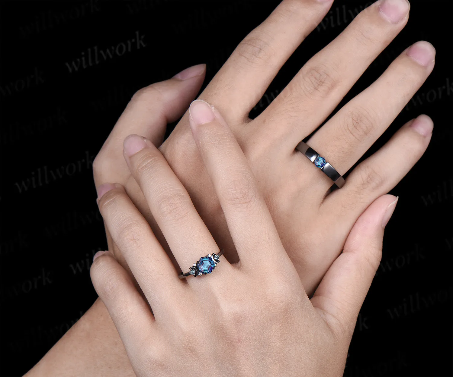 Hexagon Cut Alexandrite Art Deco Moon Engagement Ring & Matching Alexandrite Solitaire Wedding Ring Black Gold Unique Couple Ring Set sold by Willwork Jewelry product image thumbnail 3