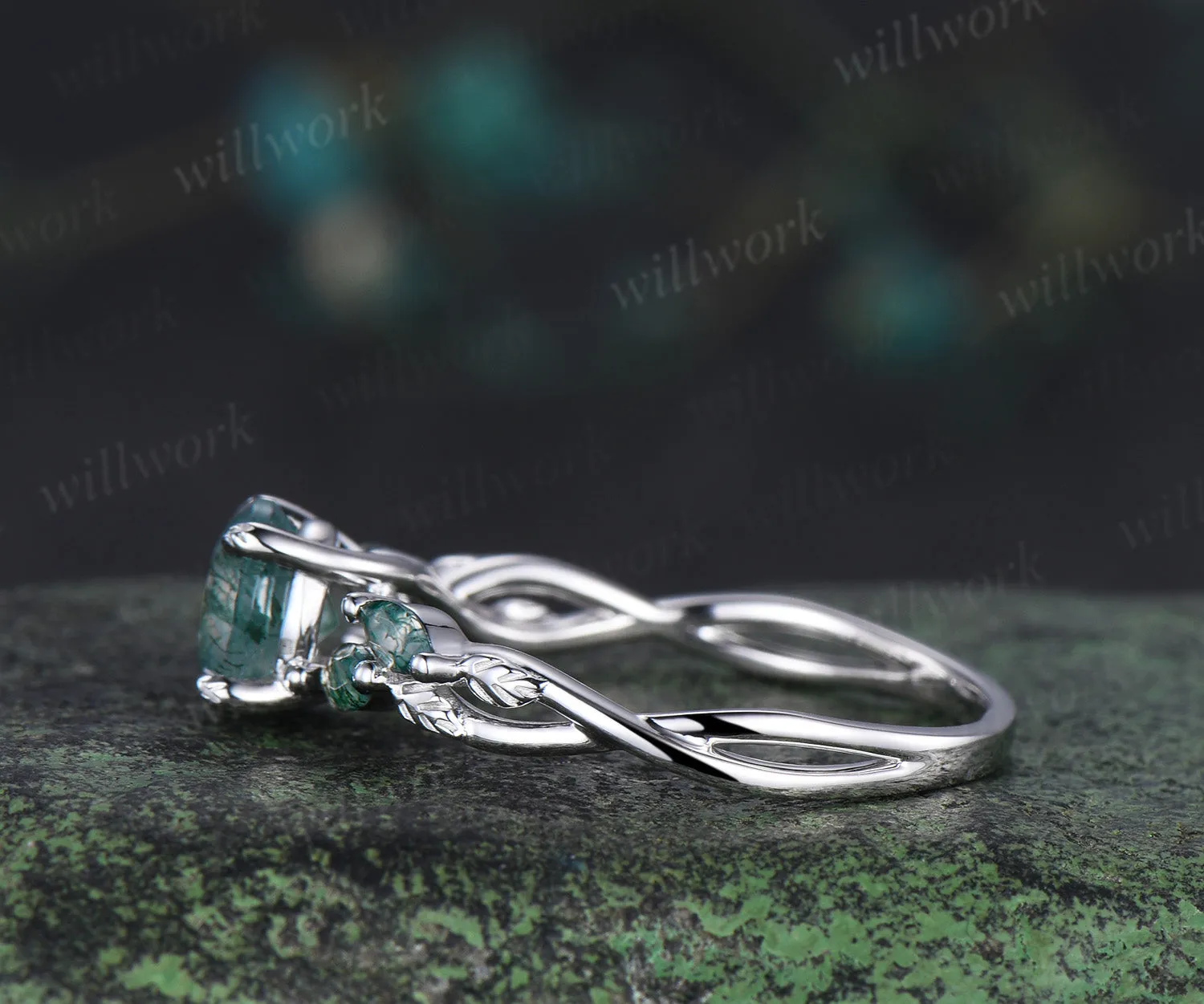 Vintage round moss agate engagement ring marquise moss agate leaf infinity ring nature inspired bridal gifts sold by Willwork Jewelry product image thumbnail 5
