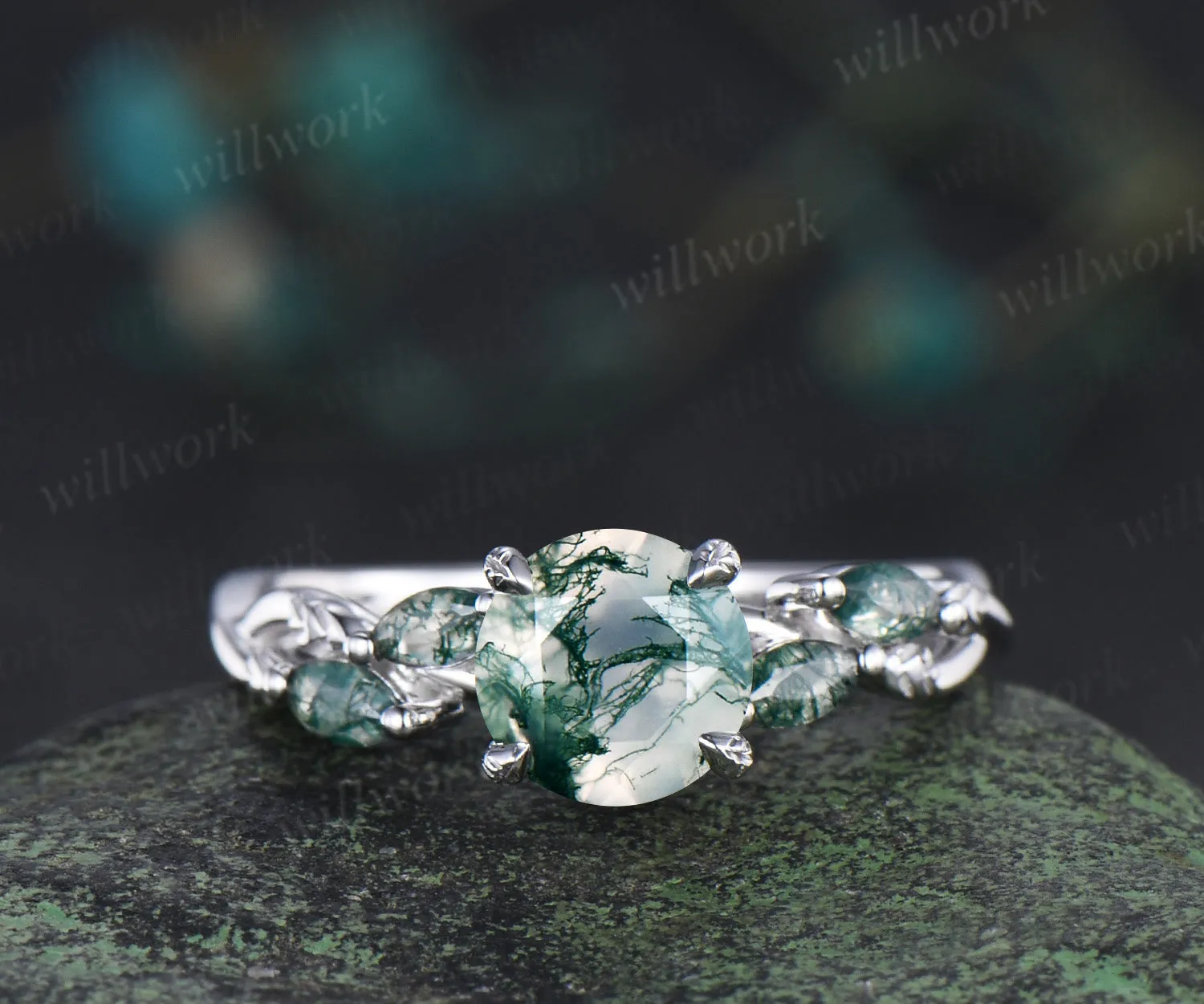 Vintage round moss agate engagement ring marquise moss agate leaf infinity ring nature inspired bridal gifts sold by Willwork Jewelry