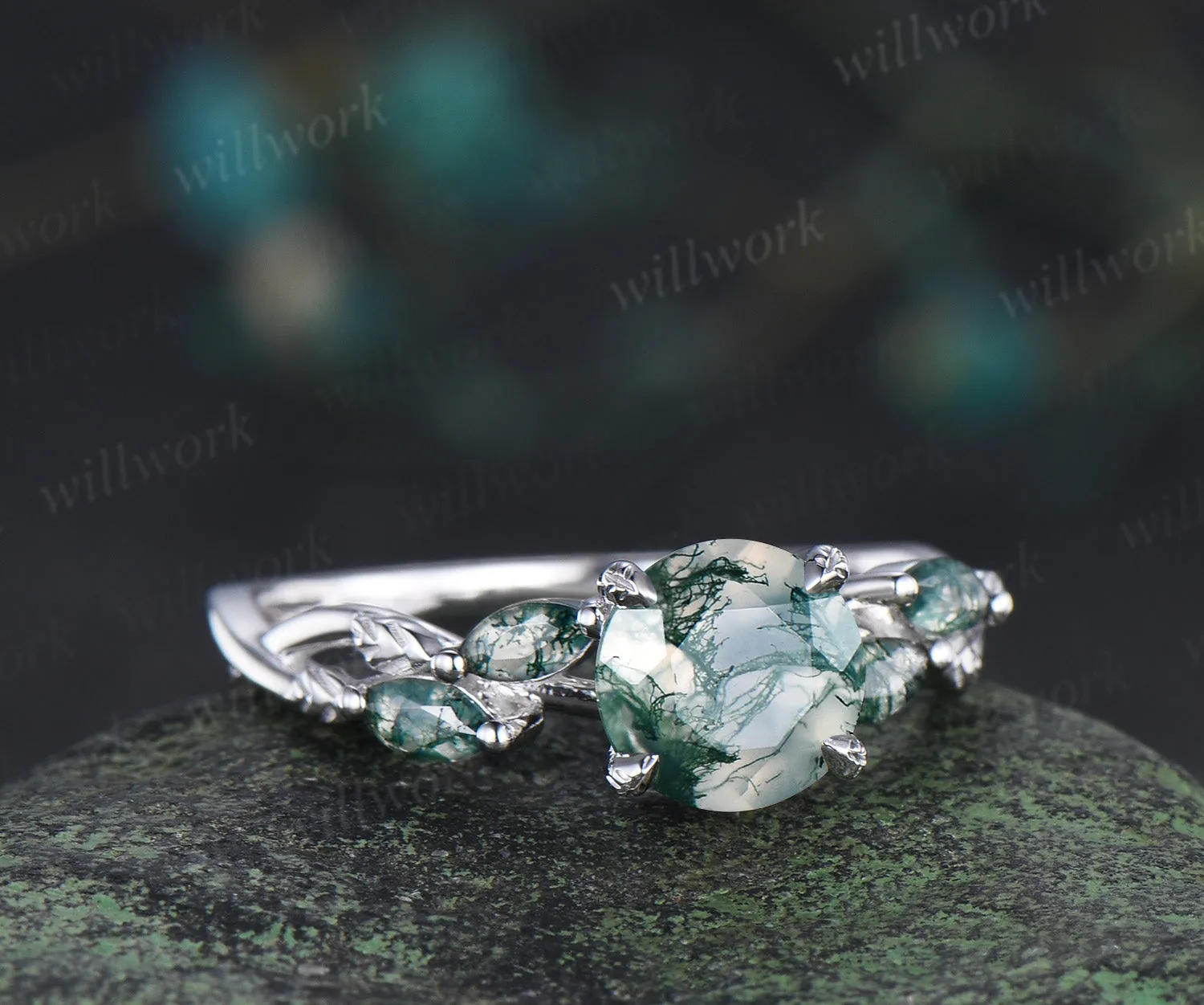 Vintage round moss agate engagement ring marquise moss agate leaf infinity ring nature inspired bridal gifts sold by Willwork Jewelry product image thumbnail 4