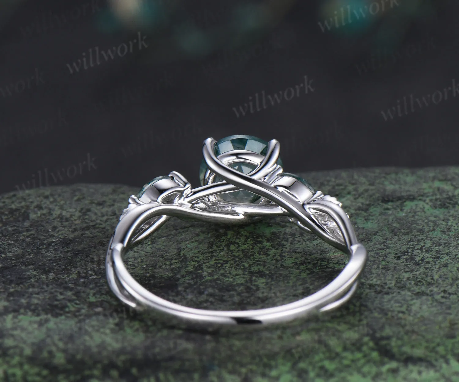 Vintage round moss agate engagement ring marquise moss agate leaf infinity ring nature inspired bridal gifts sold by Willwork Jewelry product image thumbnail 3