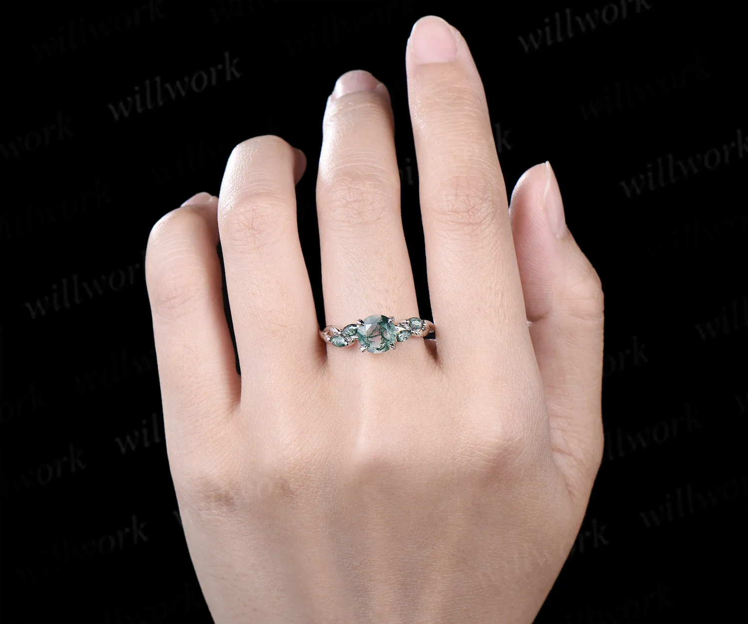 Vintage round moss agate engagement ring marquise moss agate leaf infinity ring nature inspired bridal gifts sold by Willwork Jewelry product image thumbnail 2