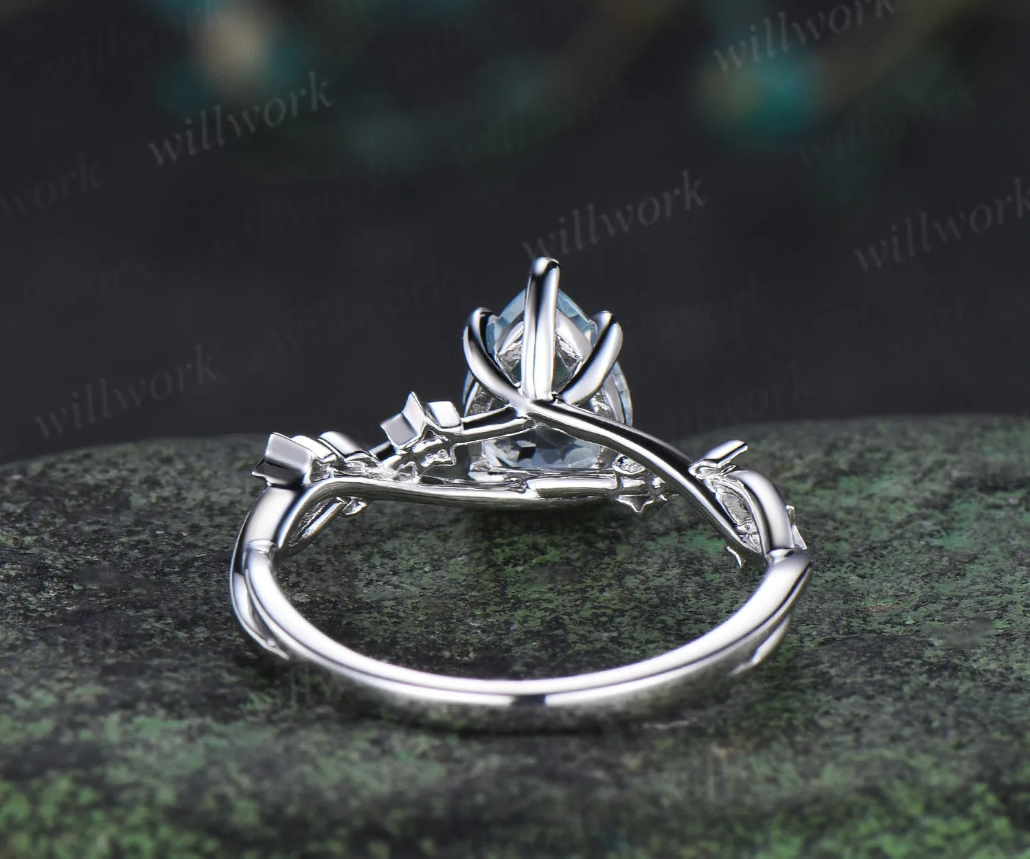 Unique pear aquamarine engagement ring moon & star infinity moonstone ring with leaf prongs celestial white gold bridal jewelry sold by Willwork Jewelry product image thumbnail 5