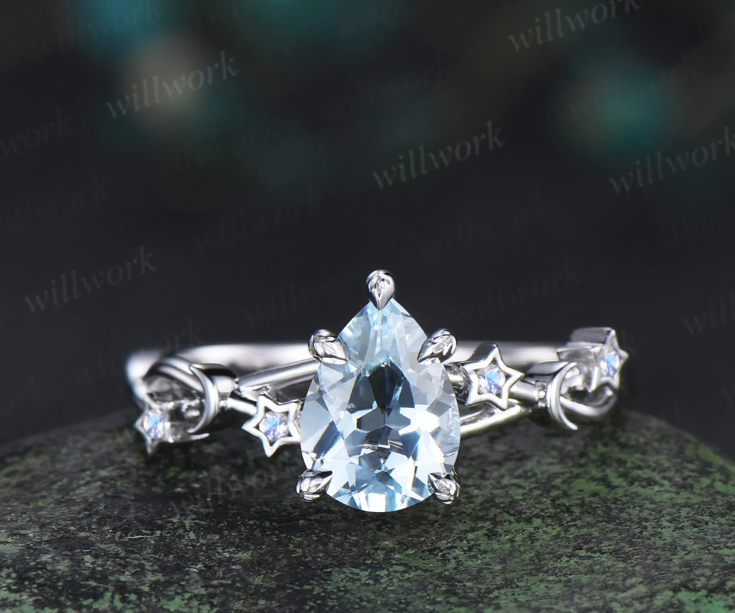 Unique pear aquamarine engagement ring moon & star infinity moonstone ring with leaf prongs celestial white gold bridal jewelry sold by Willwork Jewelry