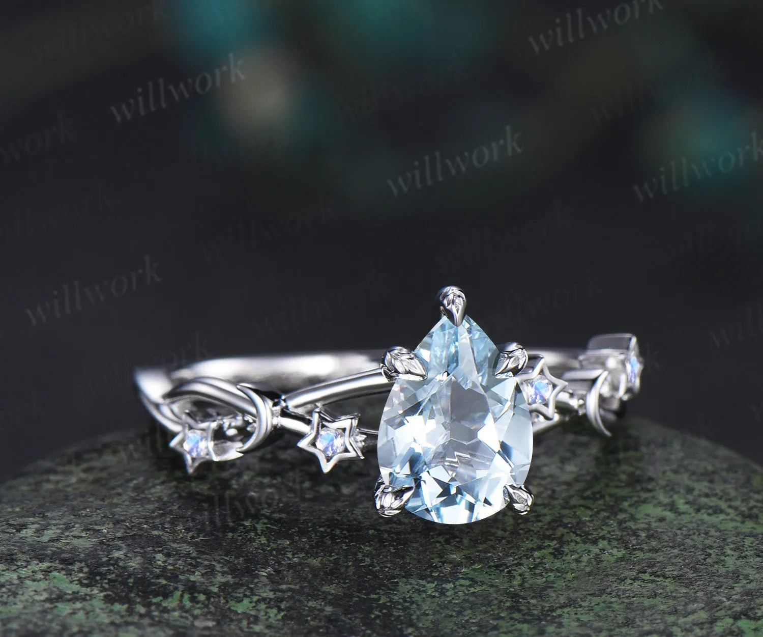Unique pear aquamarine engagement ring moon & star infinity moonstone ring with leaf prongs celestial white gold bridal jewelry sold by Willwork Jewelry product image thumbnail 3