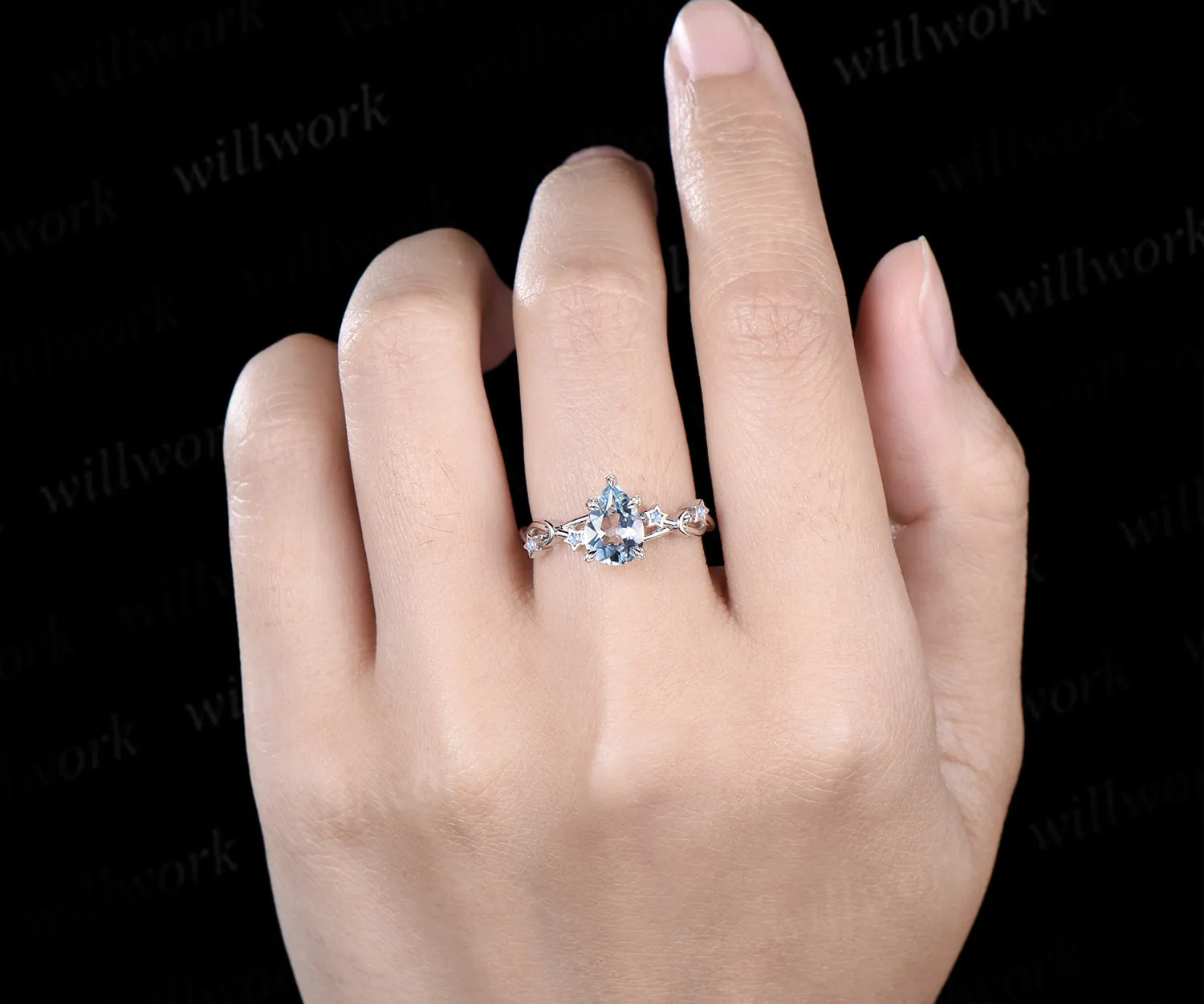 Unique pear aquamarine engagement ring moon & star infinity moonstone ring with leaf prongs celestial white gold bridal jewelry sold by Willwork Jewelry product image thumbnail 2