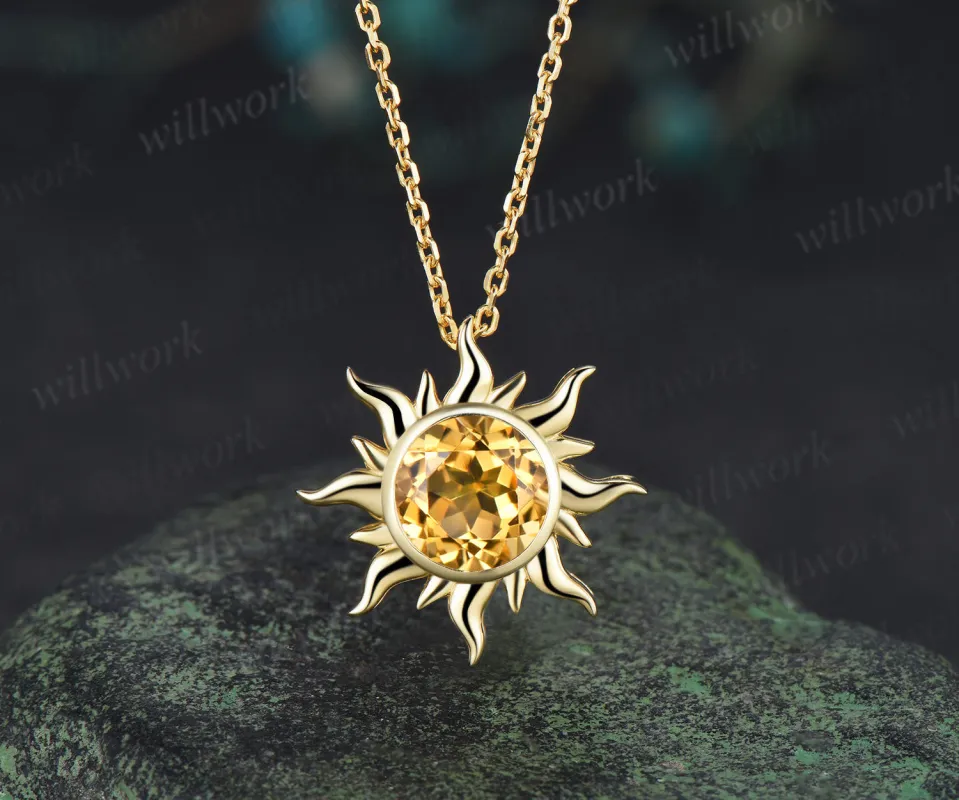 Round Cut Citrine Sun Necklace Unique 14k Yellow Gold Crystal Solitaire Pendant Dainty November Birthstone Necklace Women made by Willwork Jewelry