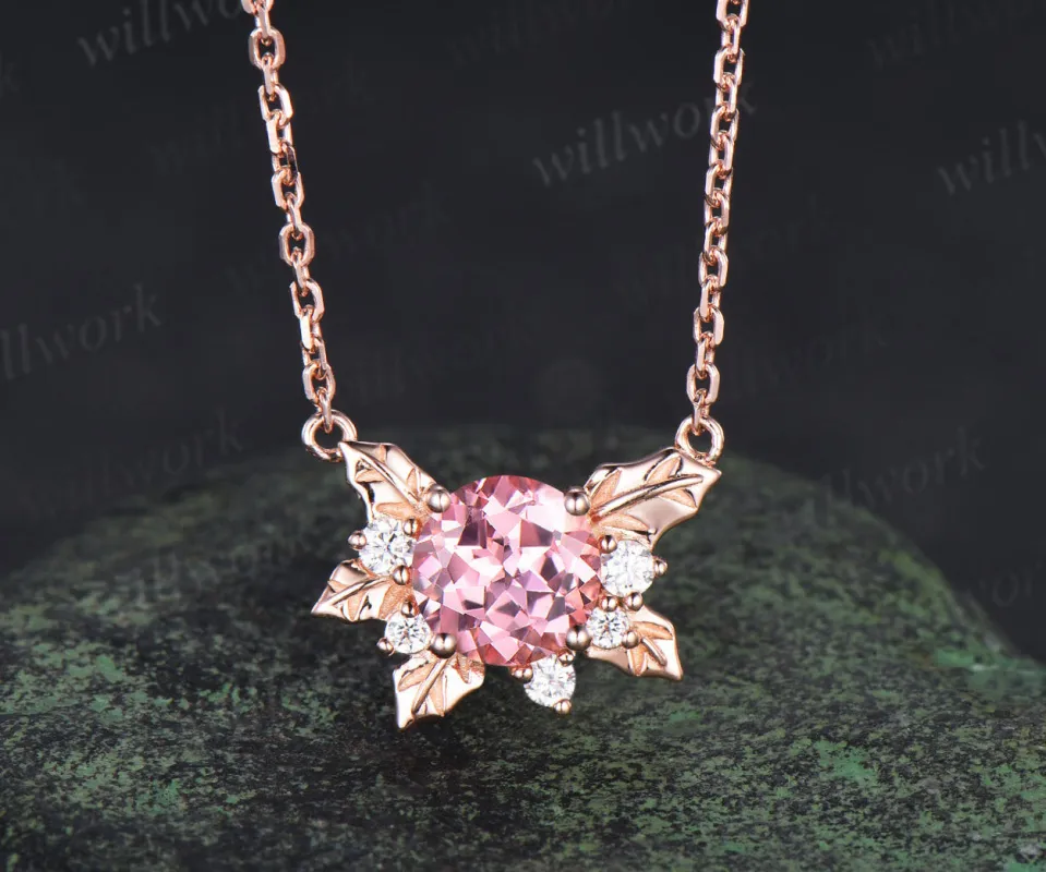 Round Padparadscha pink sapphire necklace 14k rose gold maple leaf diamond pendant women anniversary gift jewelry sold by Willwork Jewelry