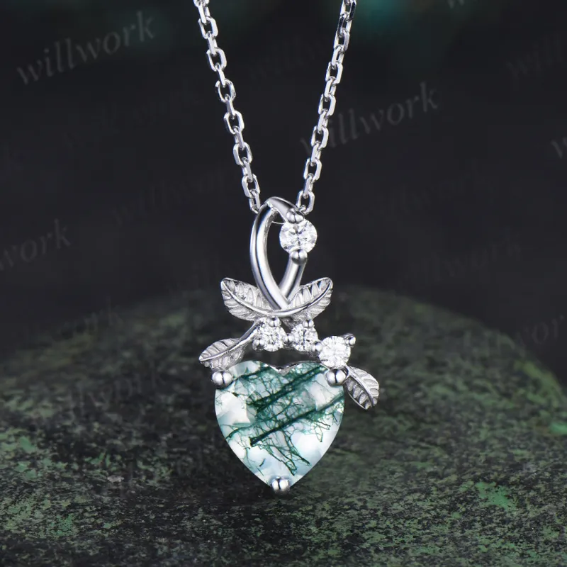 Heart cut natural moss agate necklace white gold leaf nature inspired pendant bridal jewelry sold by Willwork Jewelry
