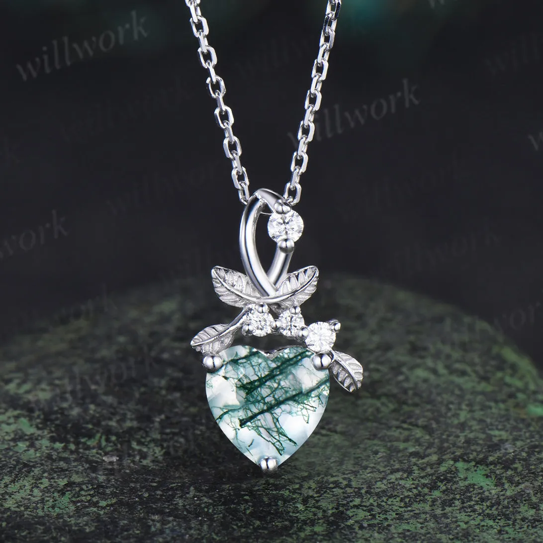 Heart cut natural moss agate necklace white gold leaf nature inspired pendant bridal jewelry sold by Willwork Jewelry