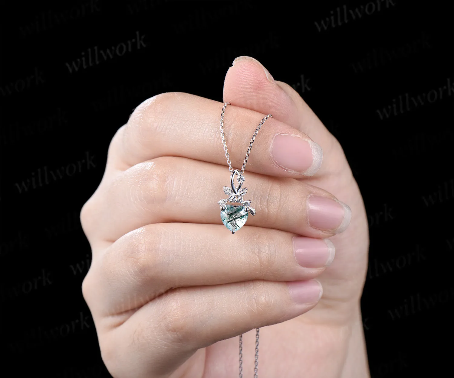 Heart cut natural moss agate necklace white gold leaf nature inspired pendant bridal jewelry sold by Willwork Jewelry product image thumbnail 5