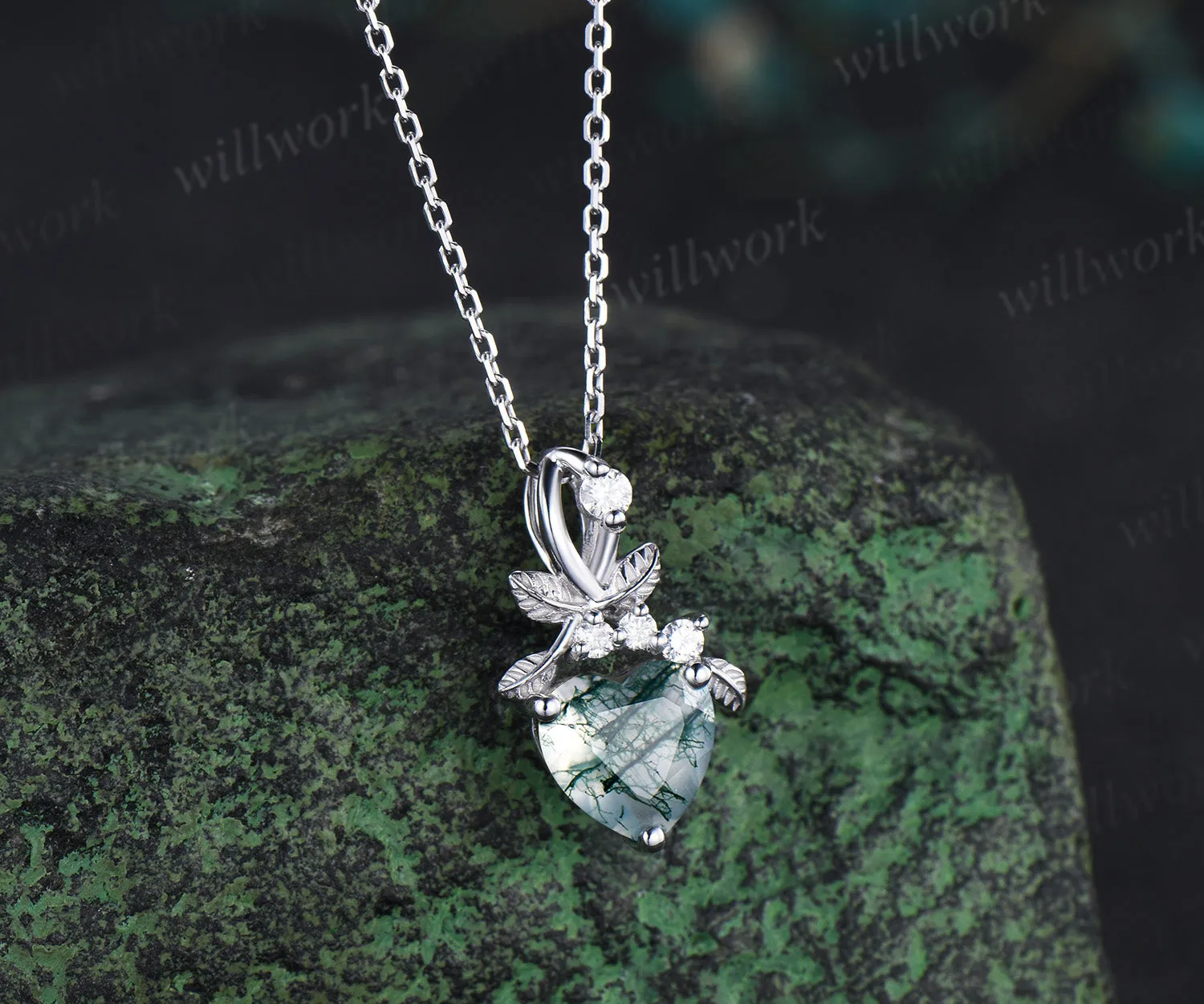 Heart cut natural moss agate necklace white gold leaf nature inspired pendant bridal jewelry sold by Willwork Jewelry product image thumbnail 2