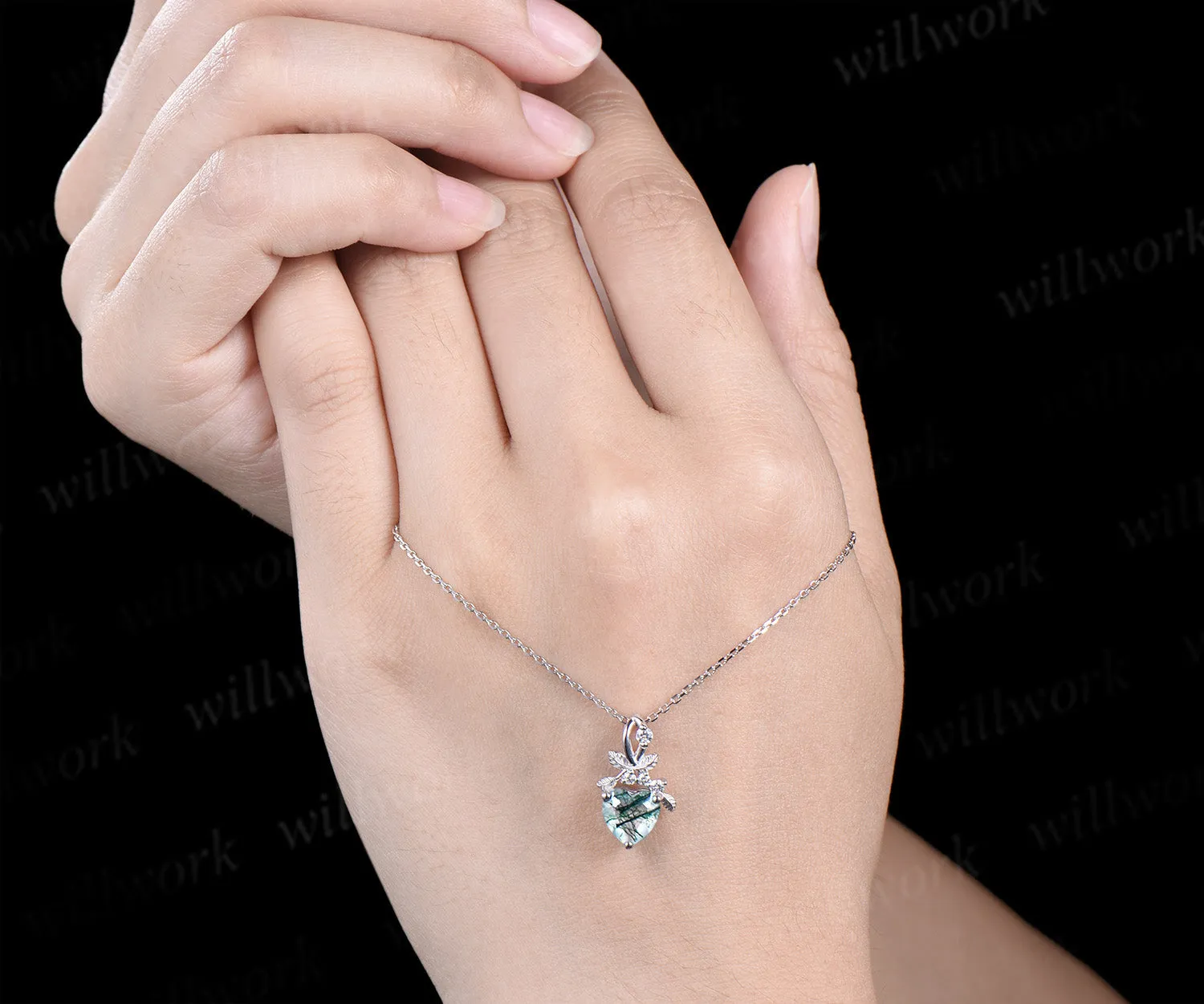 Heart cut natural moss agate necklace white gold leaf nature inspired pendant bridal jewelry sold by Willwork Jewelry product image thumbnail 3