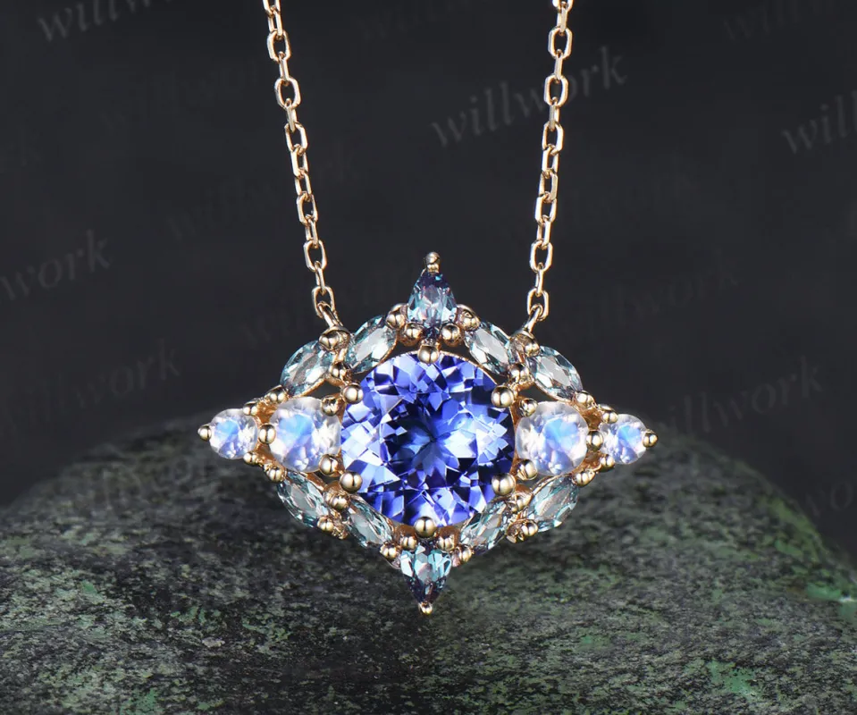 Vintage round cut natural Tanzanite necklace art deco moonstone alexandrite pendant white gold necklace anniversary birthday gifts for women sold by Willwork Jewelry