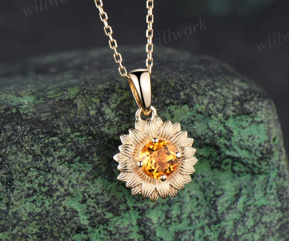Round cut yellow citrine sunflower Necklace 14k yellow gold unique Solitaire Pendant women jewelry made by Willwork Jewelry