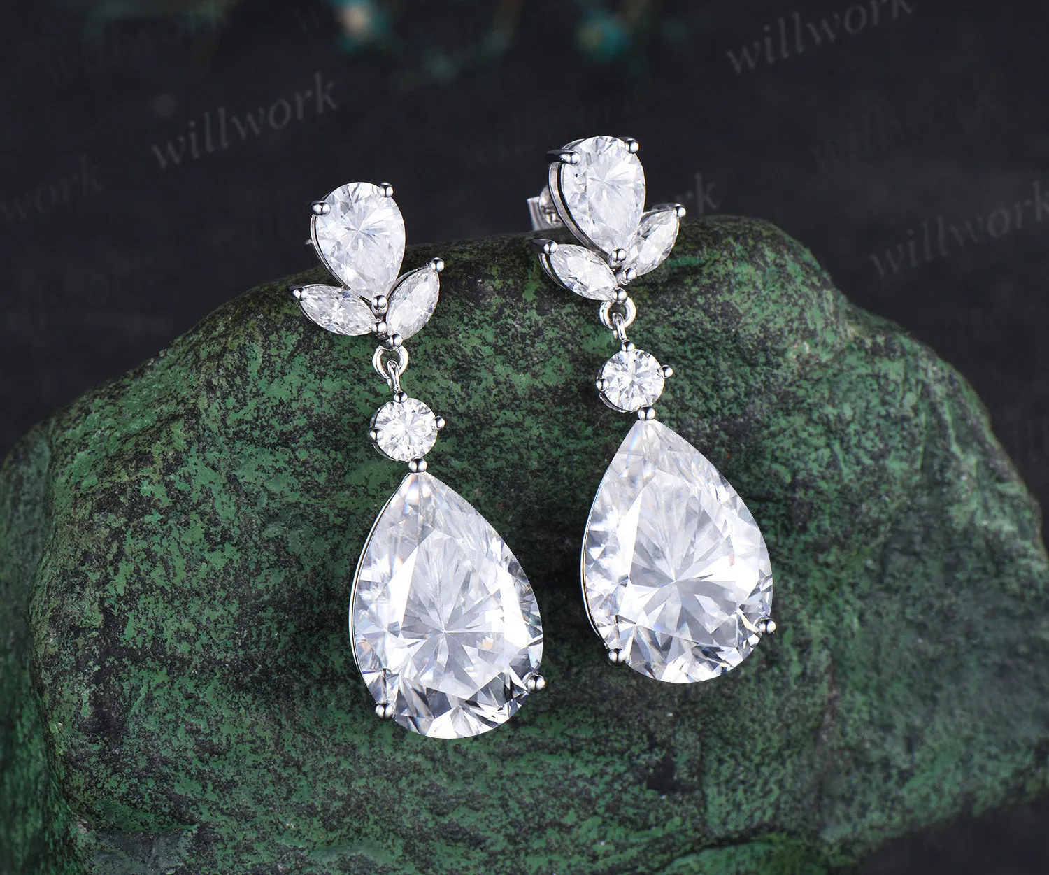 18ct pear big moissanite earrings solid 14k white gold cluster drop earrings women anniversary gift sold by Willwork Jewelry product image thumbnail 3