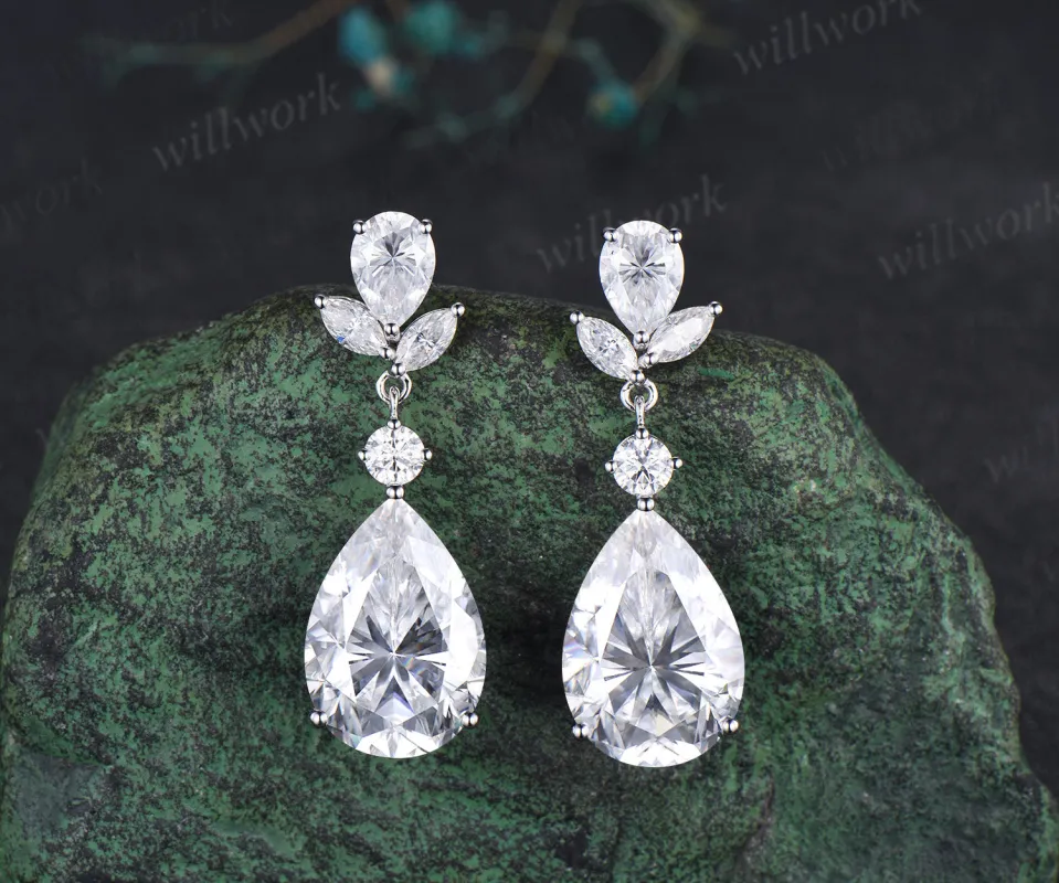 18ct pear big moissanite earrings solid 14k white gold cluster drop earrings women anniversary gift sold by Willwork Jewelry