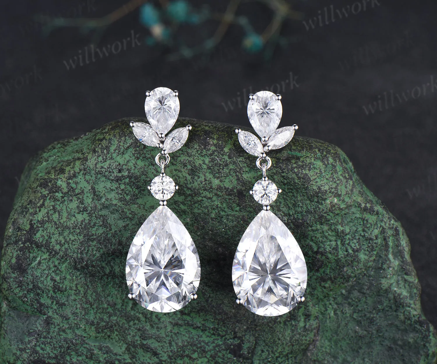 18ct pear big moissanite earrings solid 14k white gold cluster drop earrings women anniversary gift sold by Willwork Jewelry