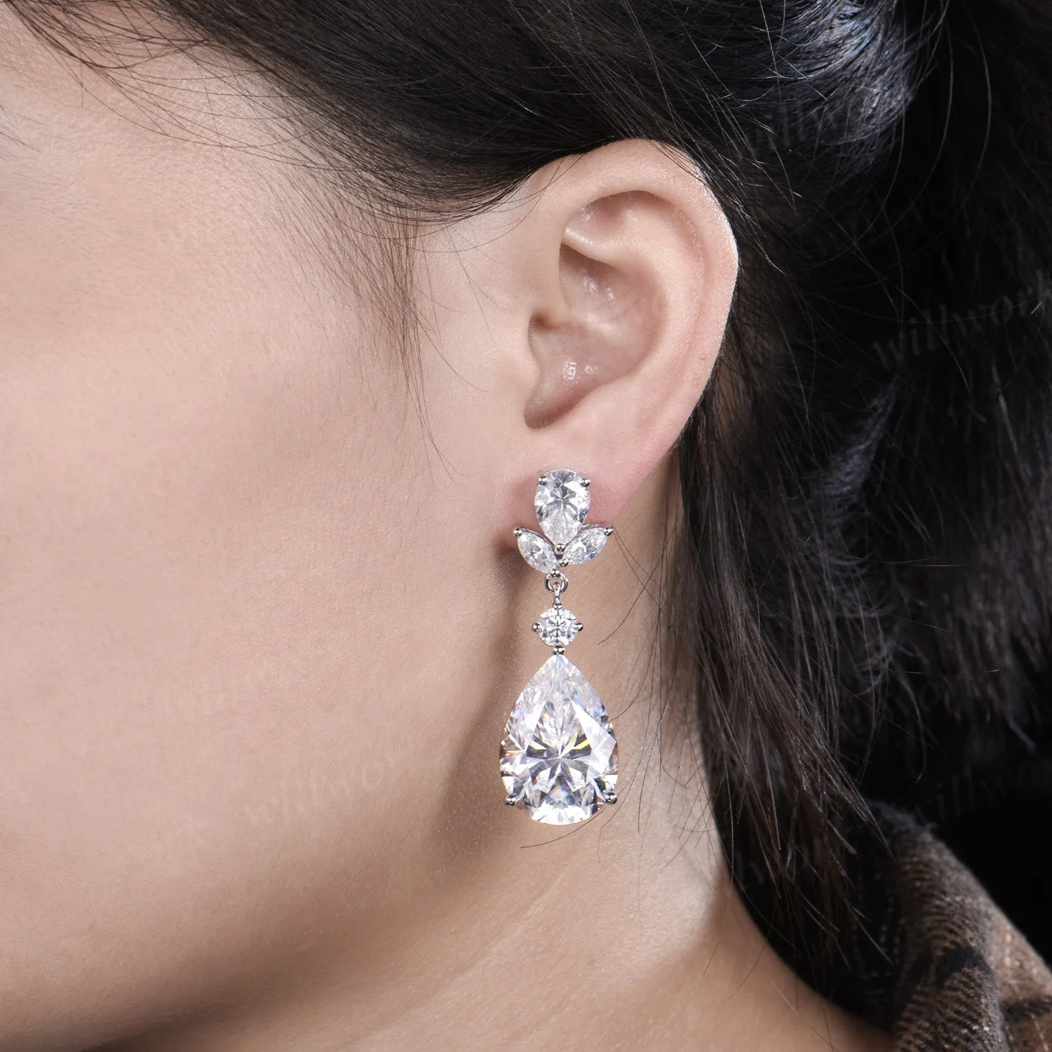 18ct pear big moissanite earrings solid 14k white gold cluster drop earrings women anniversary gift sold by Willwork Jewelry product image thumbnail 2