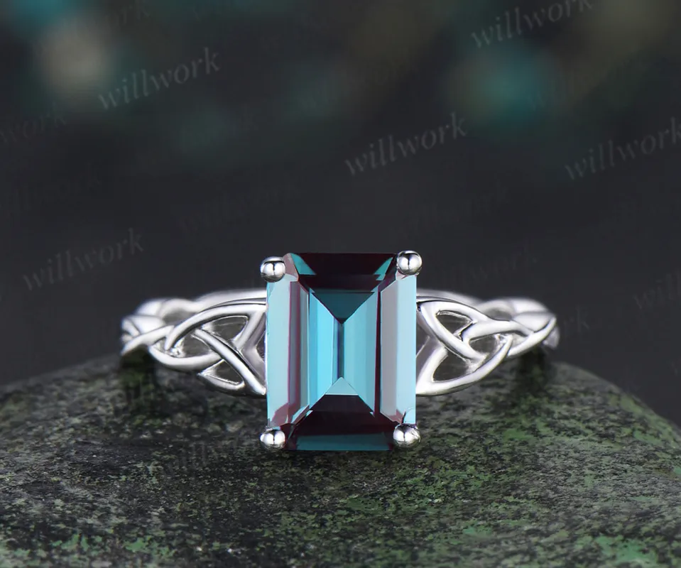 Vintage emerald cut alexandrite ring Celtic knot solitaire infinity engagement ring solid white gold unique bridal gifts sold by Willwork Jewelry
