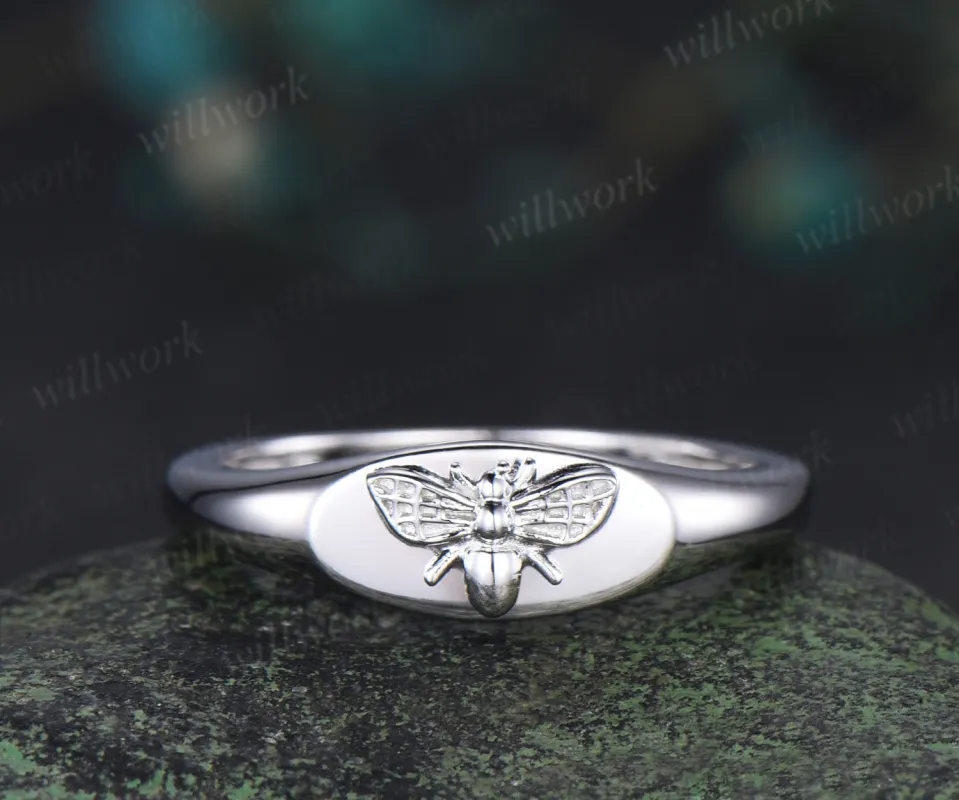 Honey bee signet ring solid 14k white gold ring bumblebee statement ring comfort fit jewelry gifts sold by Willwork Jewelry