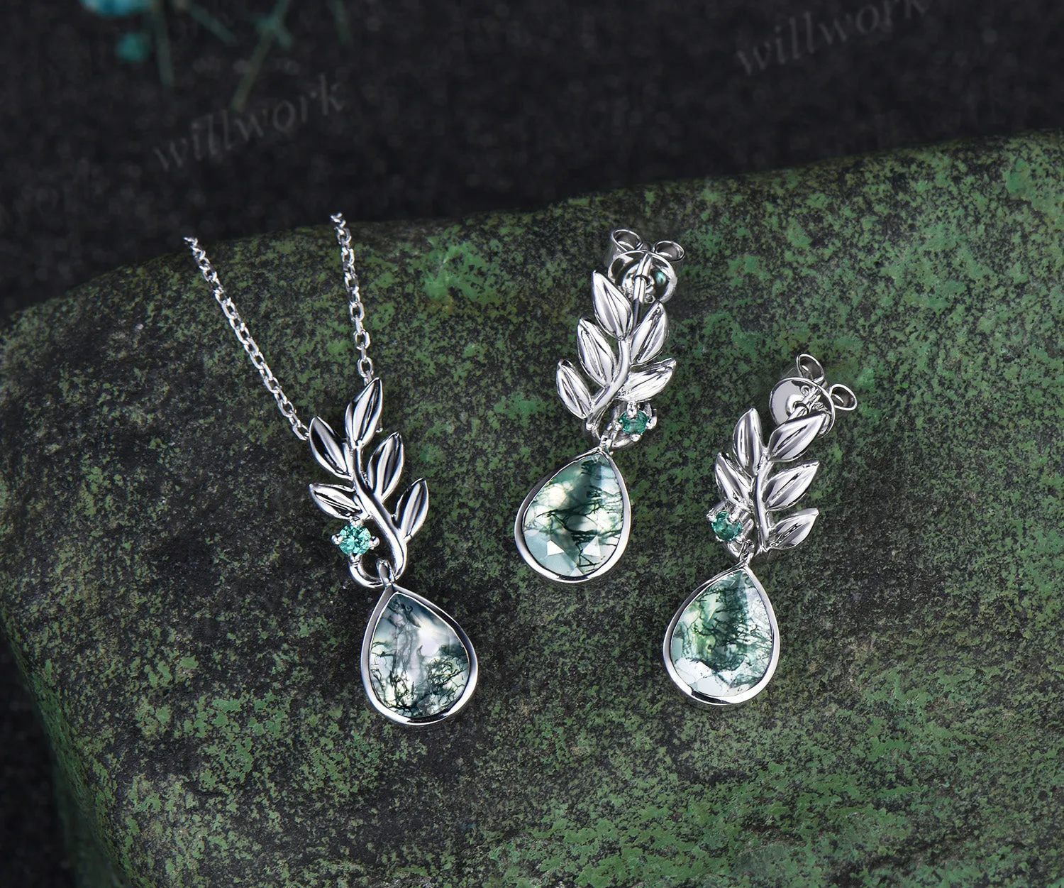 Pear natural moss agate earrings necklace jewelry set nature inspired bezel moss agate leaf emerald pendant & earrings wedding jewelry gifts sold by Willwork Jewelry product image thumbnail 2