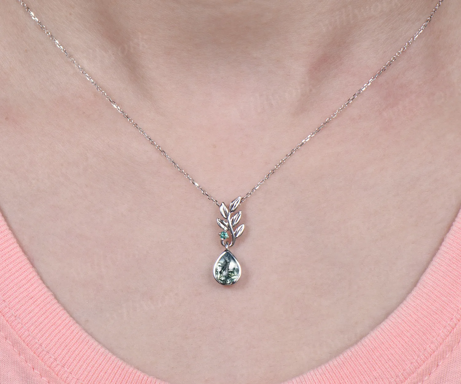 Pear natural moss agate earrings necklace jewelry set nature inspired bezel moss agate leaf emerald pendant & earrings wedding jewelry gifts sold by Willwork Jewelry product image thumbnail 3