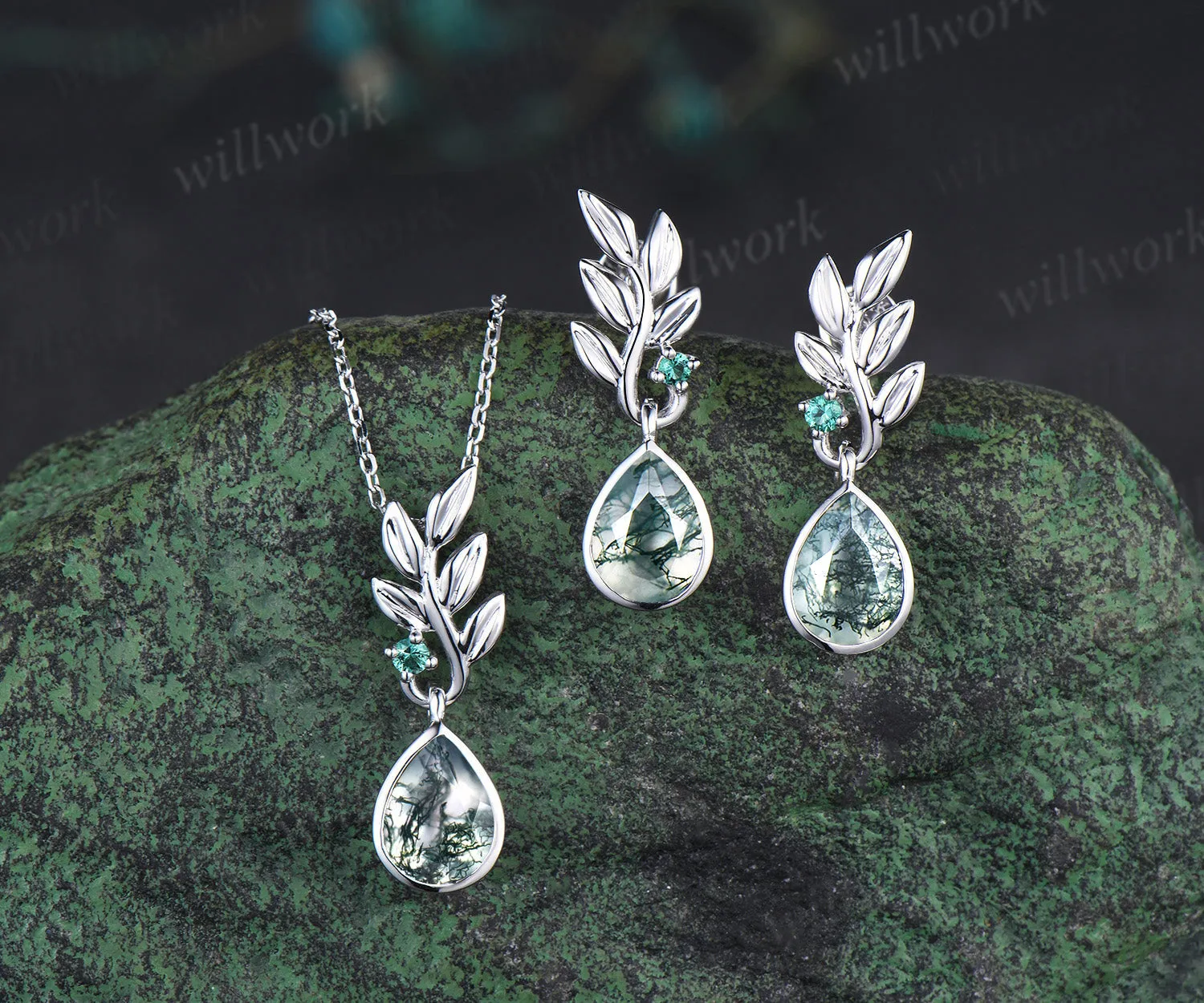 Pear natural moss agate earrings necklace jewelry set nature inspired bezel moss agate leaf emerald pendant & earrings wedding jewelry gifts sold by Willwork Jewelry