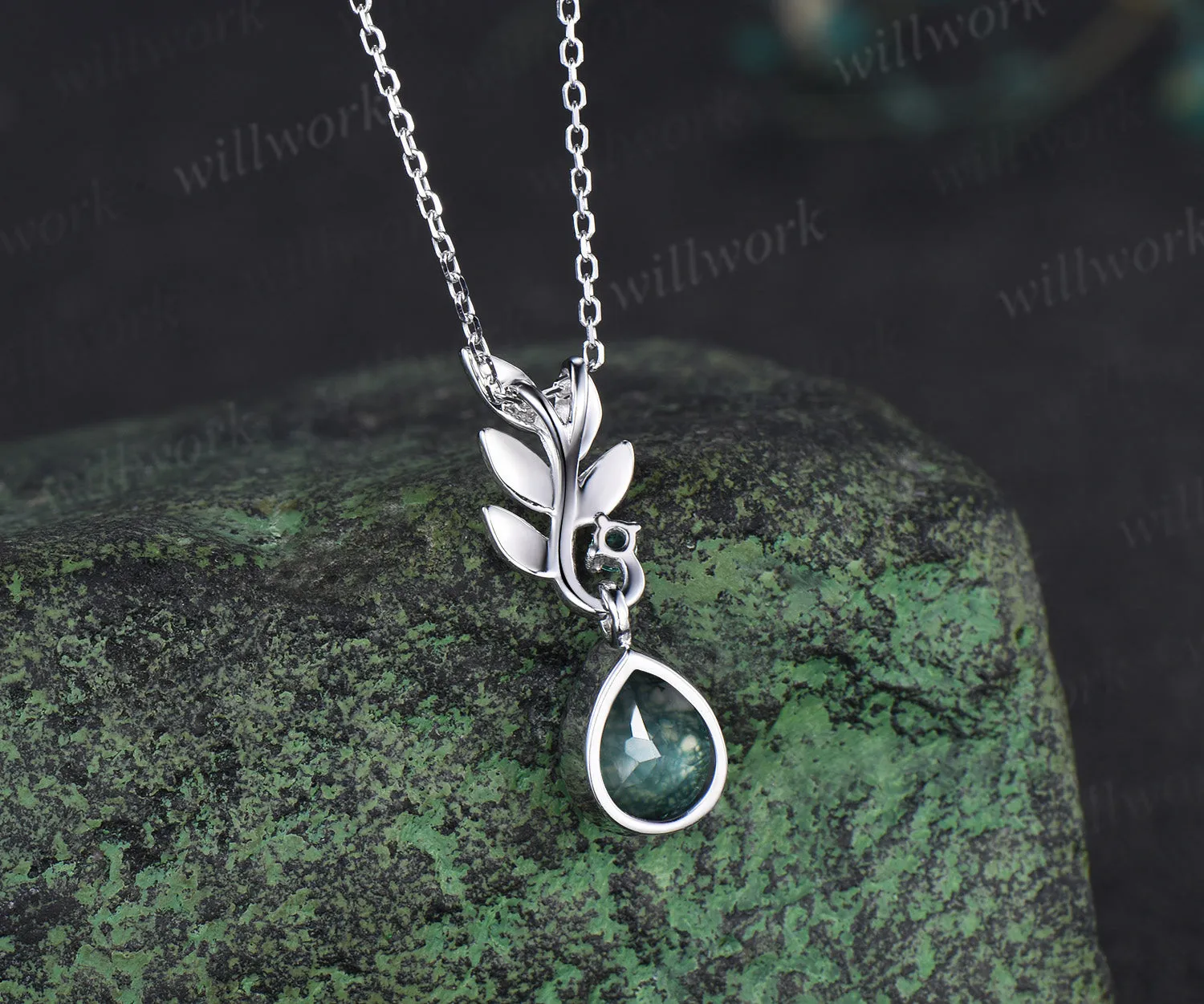 Pear natural moss agate earrings necklace jewelry set nature inspired bezel moss agate leaf emerald pendant & earrings wedding jewelry gifts sold by Willwork Jewelry product image thumbnail 4