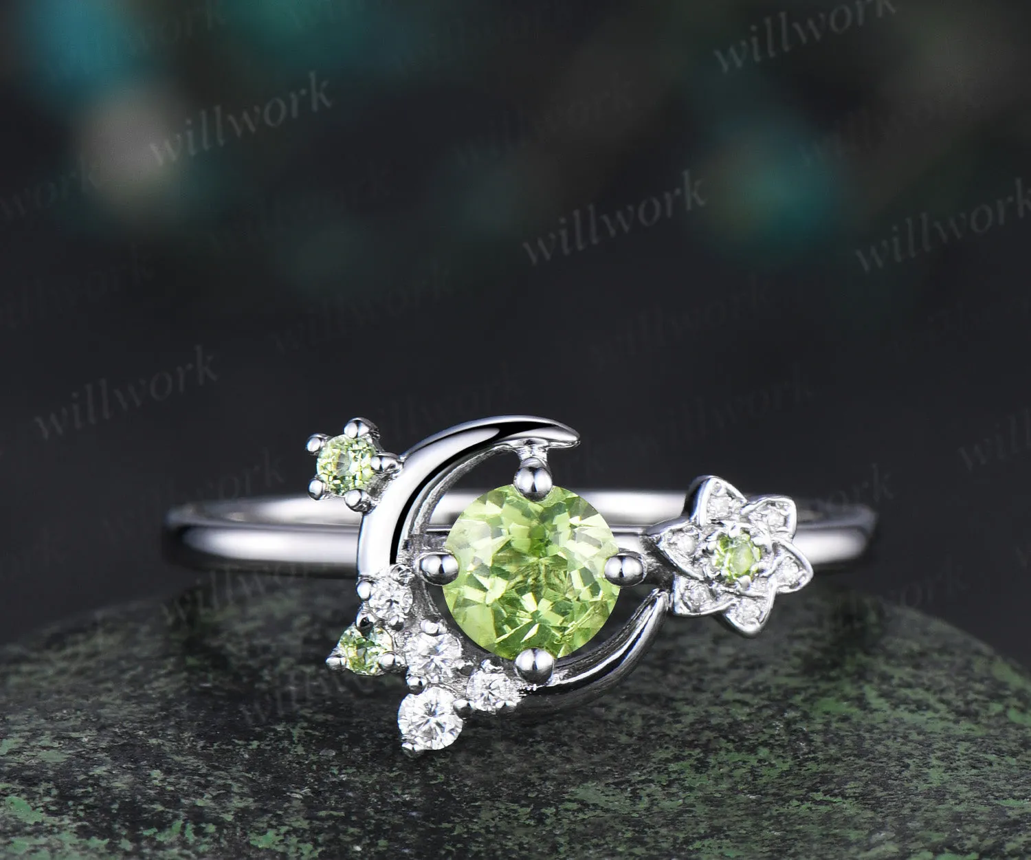 Round cut peridot engagement ring white gold moon floral peridot ring vintage diamond cluster wedding anniversary gifts sold by Willwork Jewelry