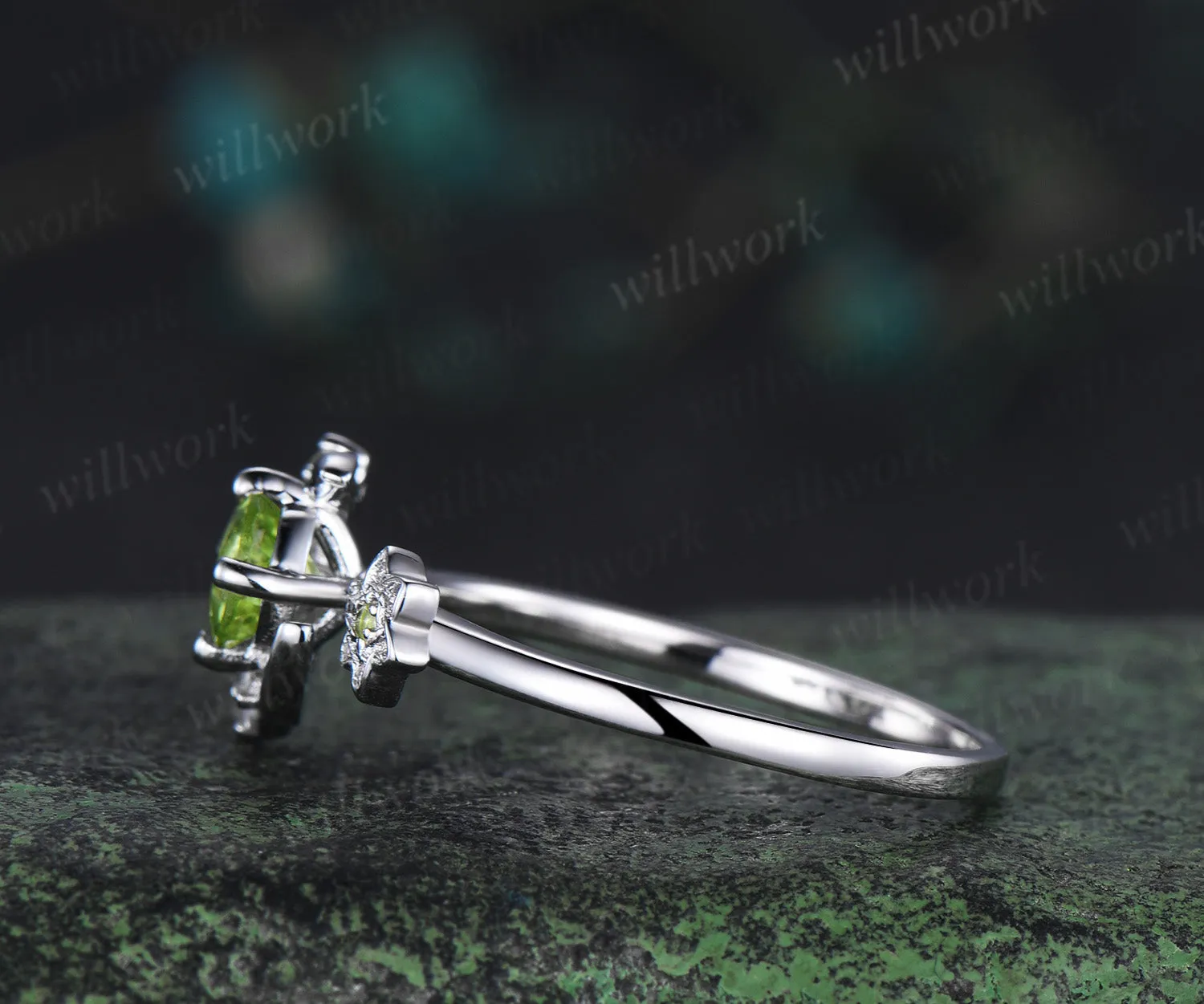 Round cut peridot engagement ring white gold moon floral peridot ring vintage diamond cluster wedding anniversary gifts sold by Willwork Jewelry product image thumbnail 3