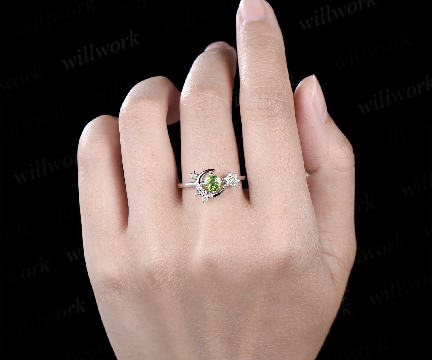 Round cut peridot engagement ring white gold moon floral peridot ring vintage diamond cluster wedding anniversary gifts sold by Willwork Jewelry product image thumbnail 2