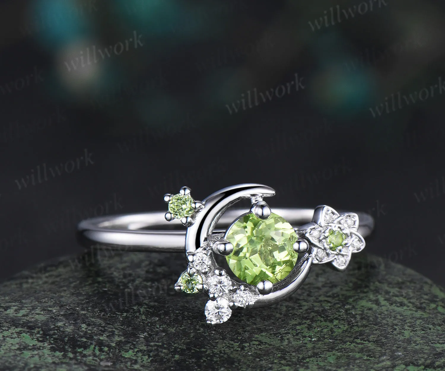 Round cut peridot engagement ring white gold moon floral peridot ring vintage diamond cluster wedding anniversary gifts sold by Willwork Jewelry product image thumbnail 5