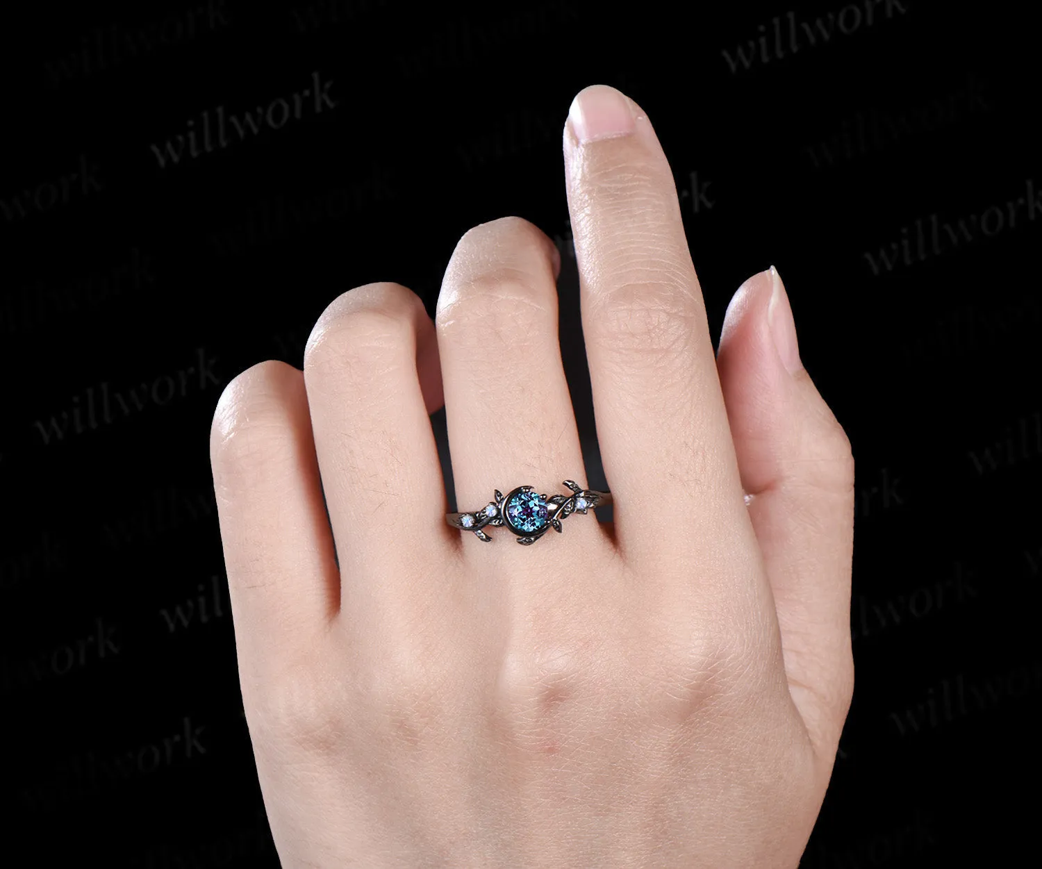 Round cut alexandrite engagement ring moonstone moon star nature inspired ring unique 14k black gold bridal ring June birthtone gifts sold by Willwork Jewelry product image thumbnail 2