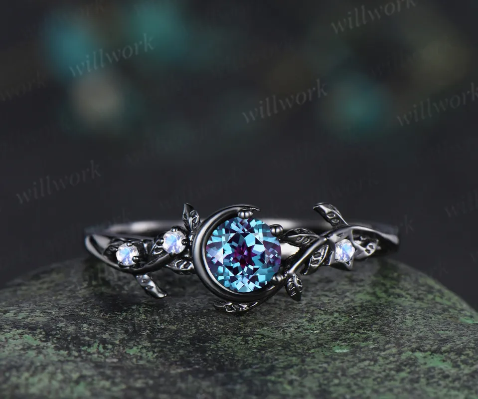 Round cut alexandrite engagement ring moonstone moon star nature inspired ring unique 14k black gold bridal ring June birthtone gifts sold by Willwork Jewelry