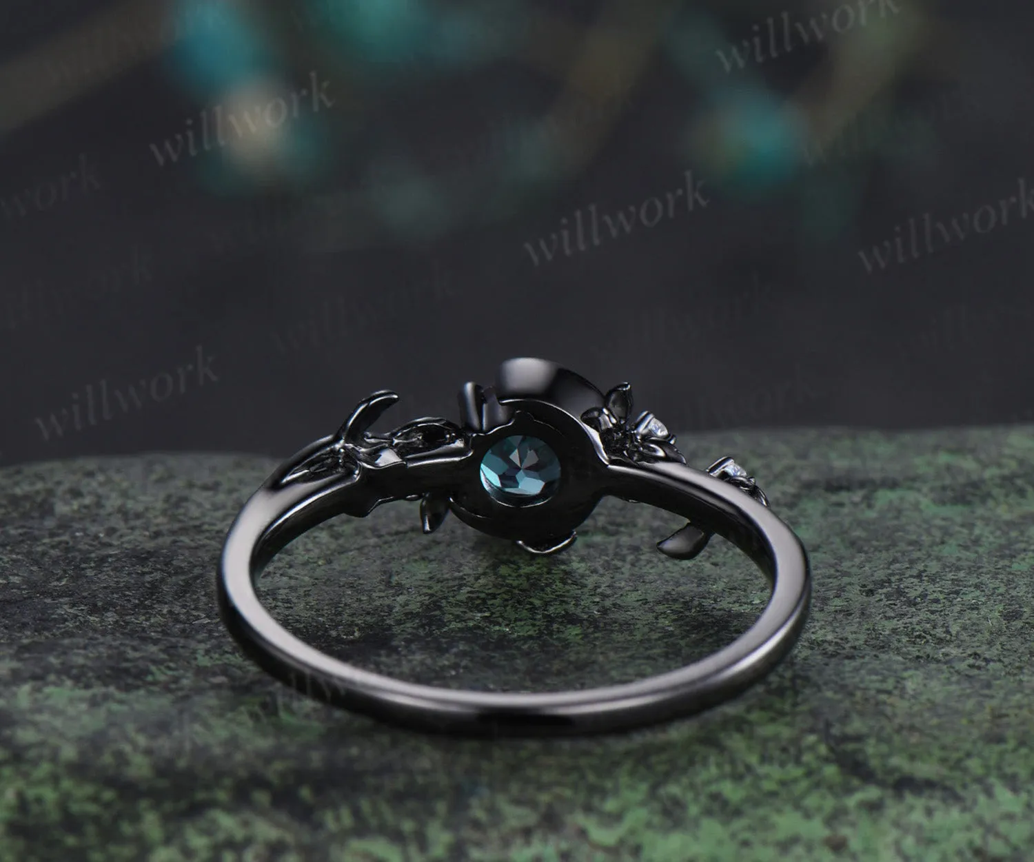 Round cut alexandrite engagement ring moonstone moon star nature inspired ring unique 14k black gold bridal ring June birthtone gifts sold by Willwork Jewelry product image thumbnail 5