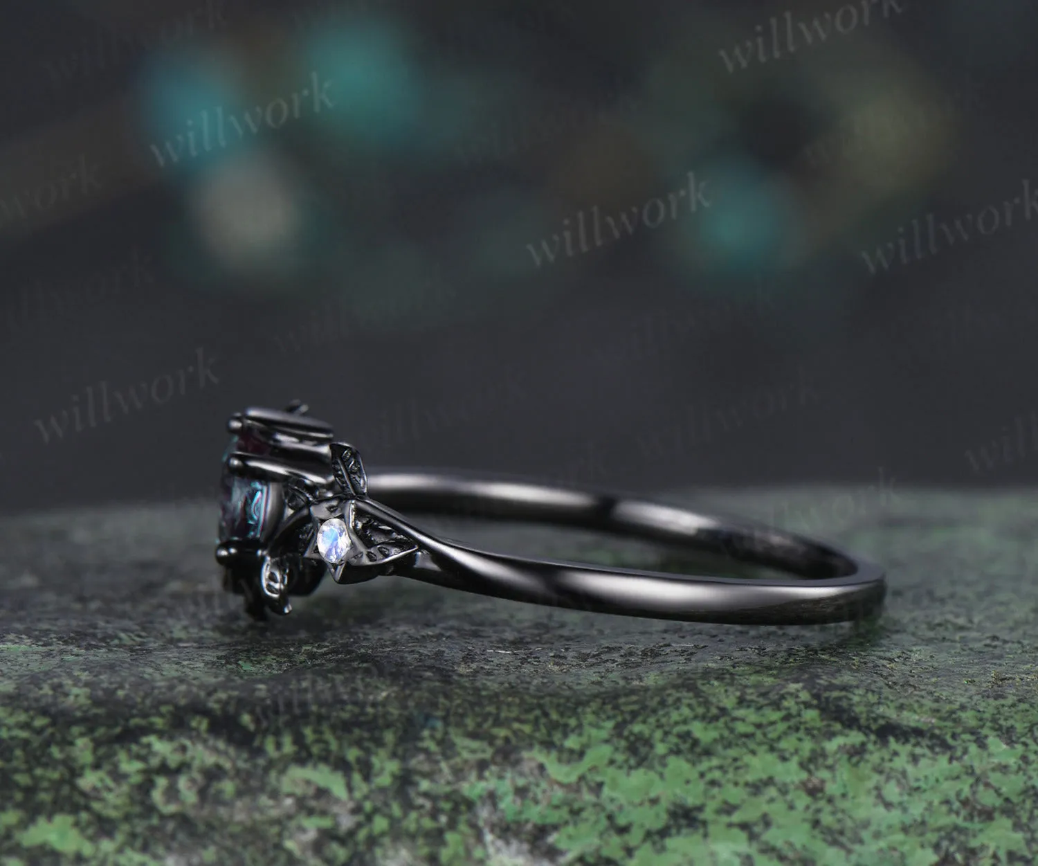 Round cut alexandrite engagement ring moonstone moon star nature inspired ring unique 14k black gold bridal ring June birthtone gifts sold by Willwork Jewelry product image thumbnail 3
